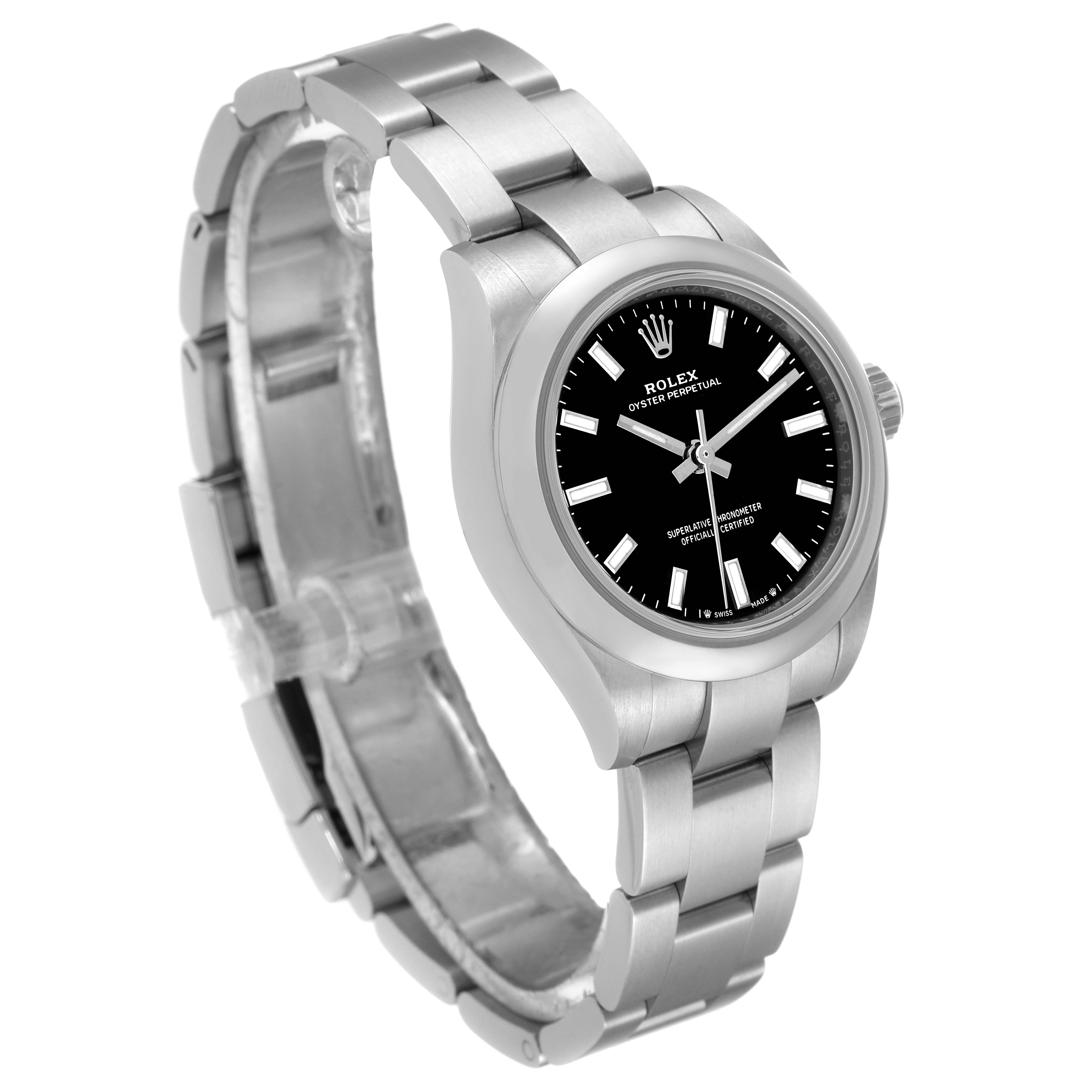 The image shows a side view of a Rolex Oyster Perpetual 276200 Women's Stainless Steel Black Dial 276200 Women's Stainless Steel Black Dial watch, displaying the bracelet and black dial.