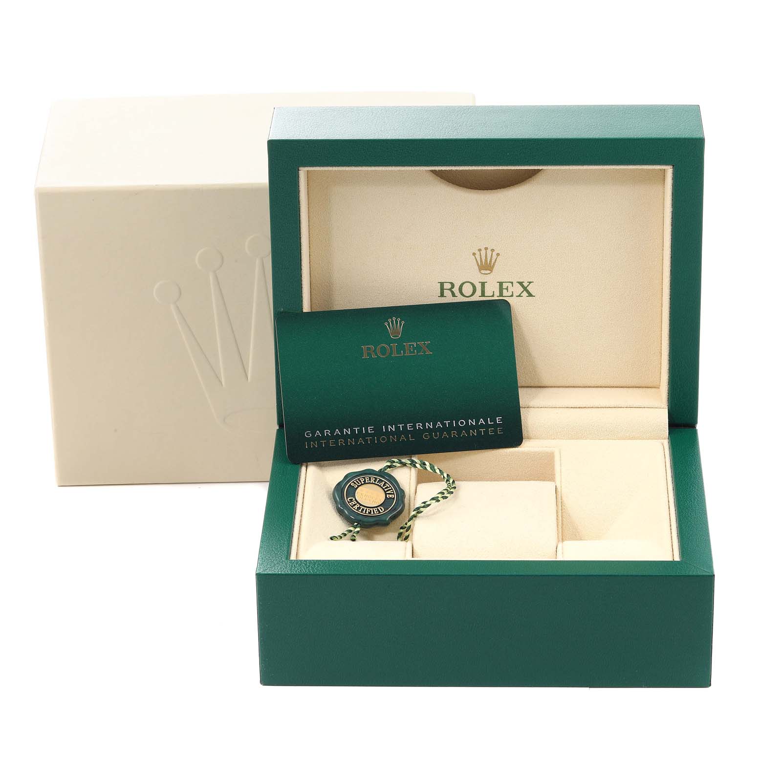The image shows an open Rolex Oyster Perpetual 276200 Women's Stainless Steel Black Dial 276200 Women's Stainless Steel Black Dial box with guarantee card and tag, placed at an angle emphasizing the interior.
