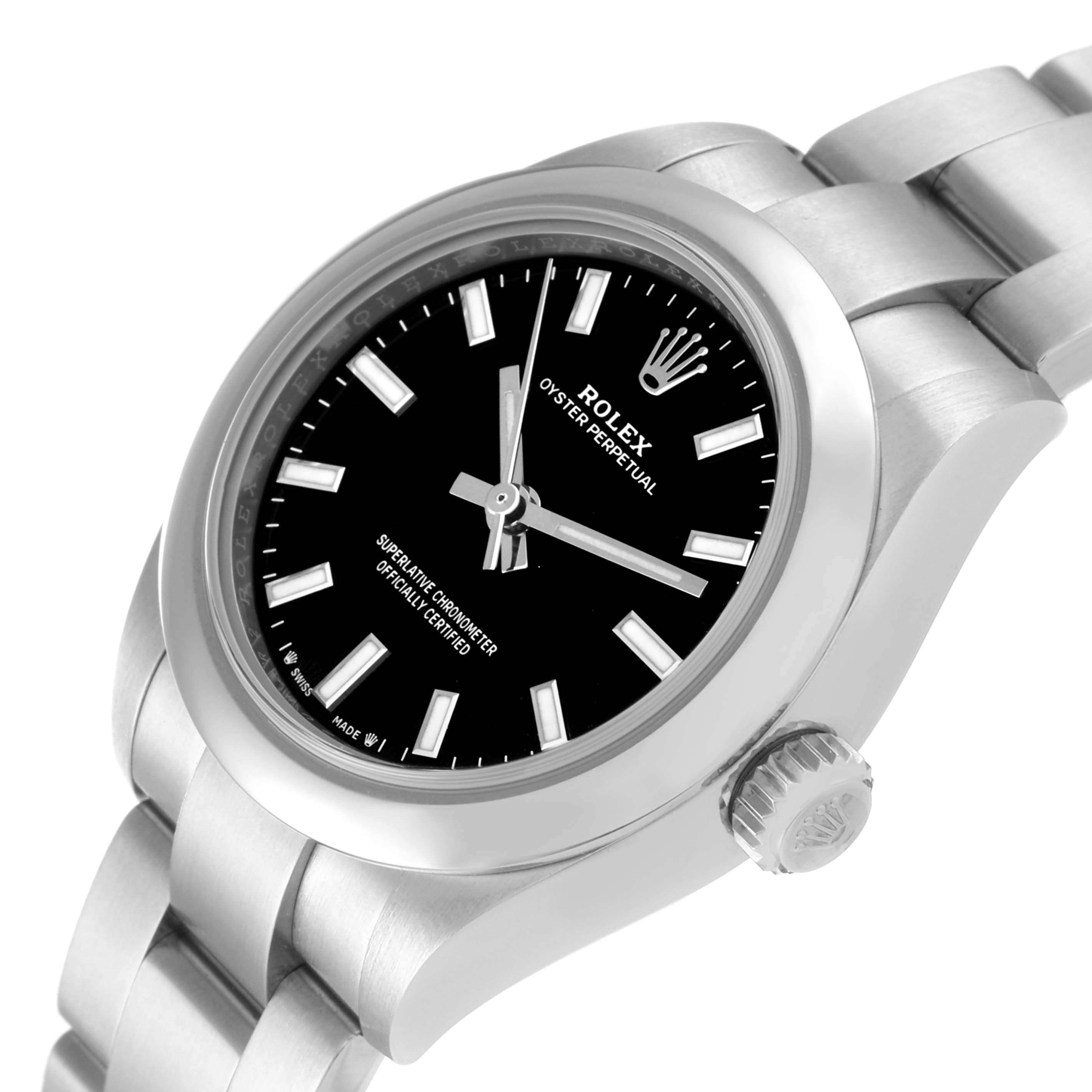 This image shows a side-angle view of a Rolex Oyster Perpetual 276200 Women's Stainless Steel Black Dial 276200 Women's Stainless Steel Black Dial watch, highlighting its black dial, crown, and metal bracelet.