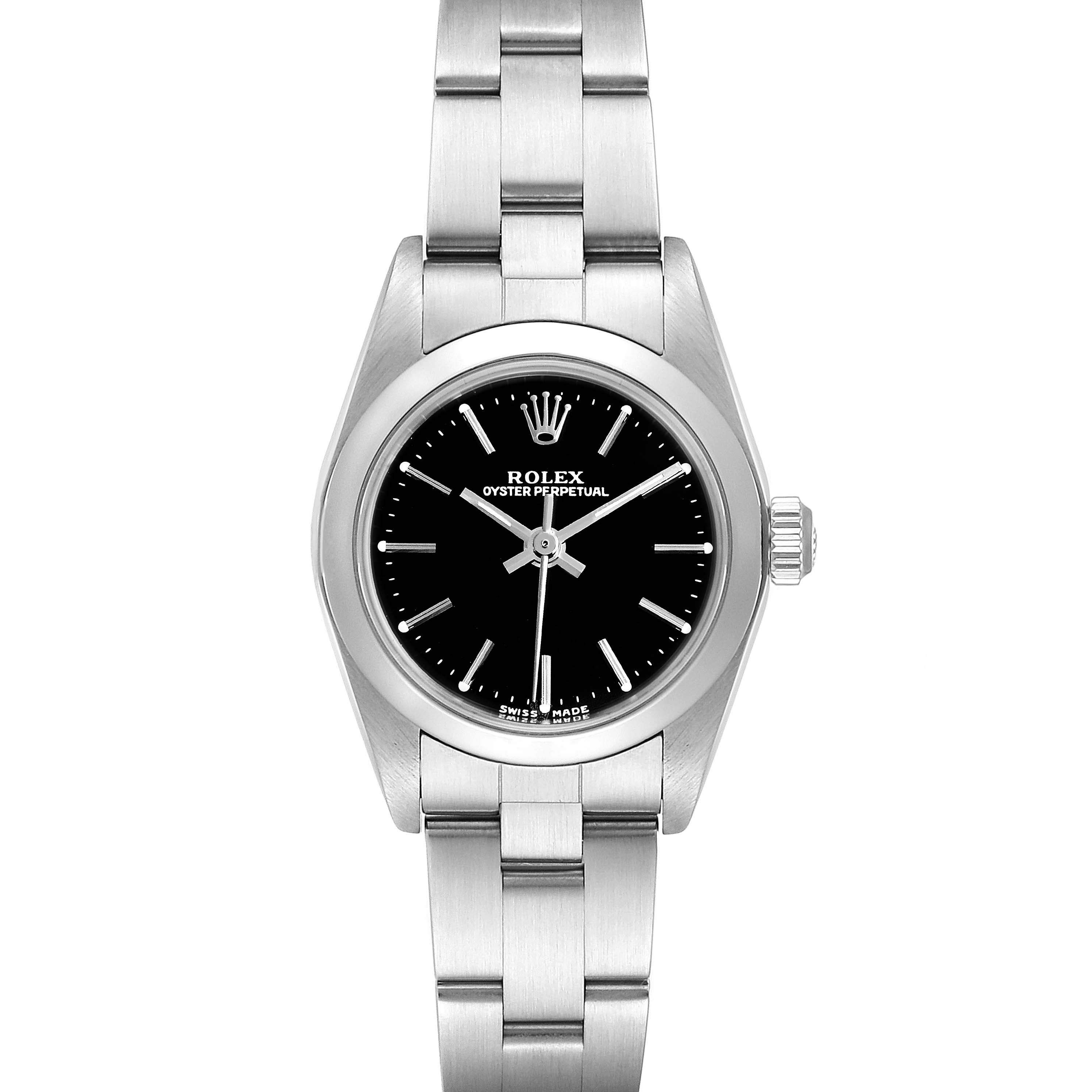 The image shows the front view of a Rolex Oyster Perpetual 76080 Women's Stainless Steel Black Dial 76080 Women's Stainless Steel Black Dial watch, highlighting its black dial and stainless steel bracelet.