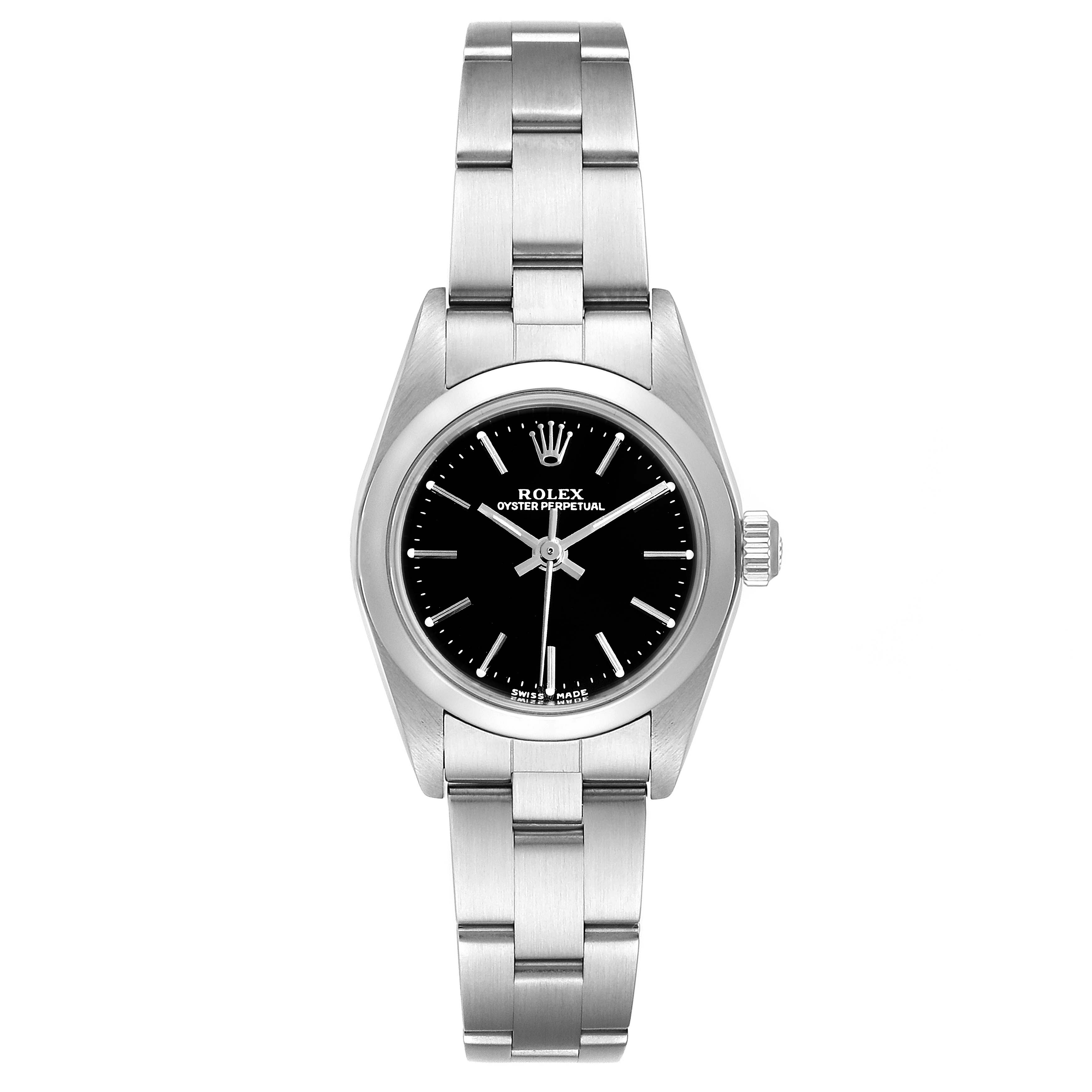 The image shows a front view of a Rolex Oyster Perpetual 76080 Women's Stainless Steel Black Dial 76080 Women's Stainless Steel Black Dial watch, including the dial, case, and bracelet.