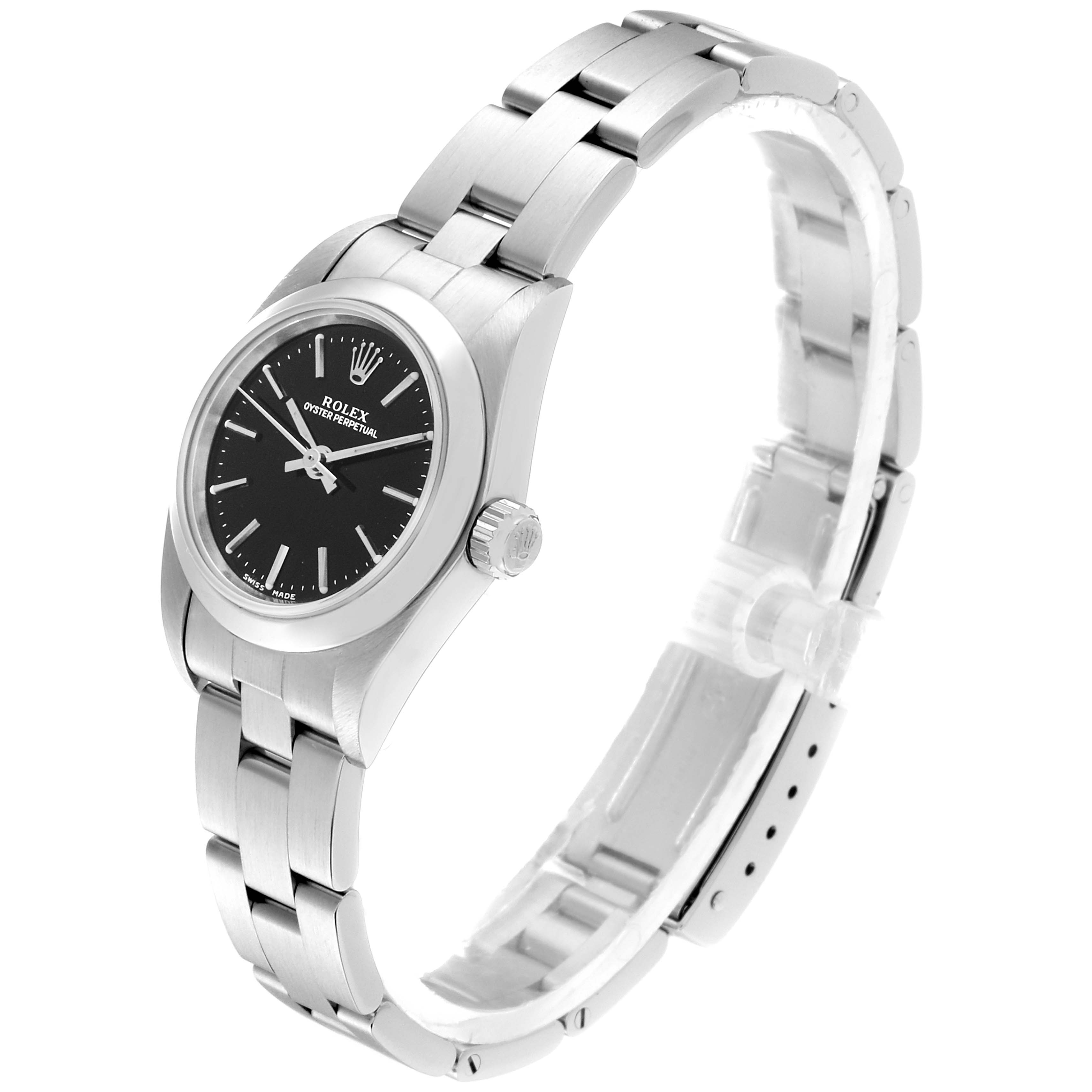 This image shows a Rolex Oyster Perpetual 76080 Women's Stainless Steel Black Dial 76080 Women's Stainless Steel Black Dial watch from a side angle, highlighting its face, bezel, crown, and bracelet.