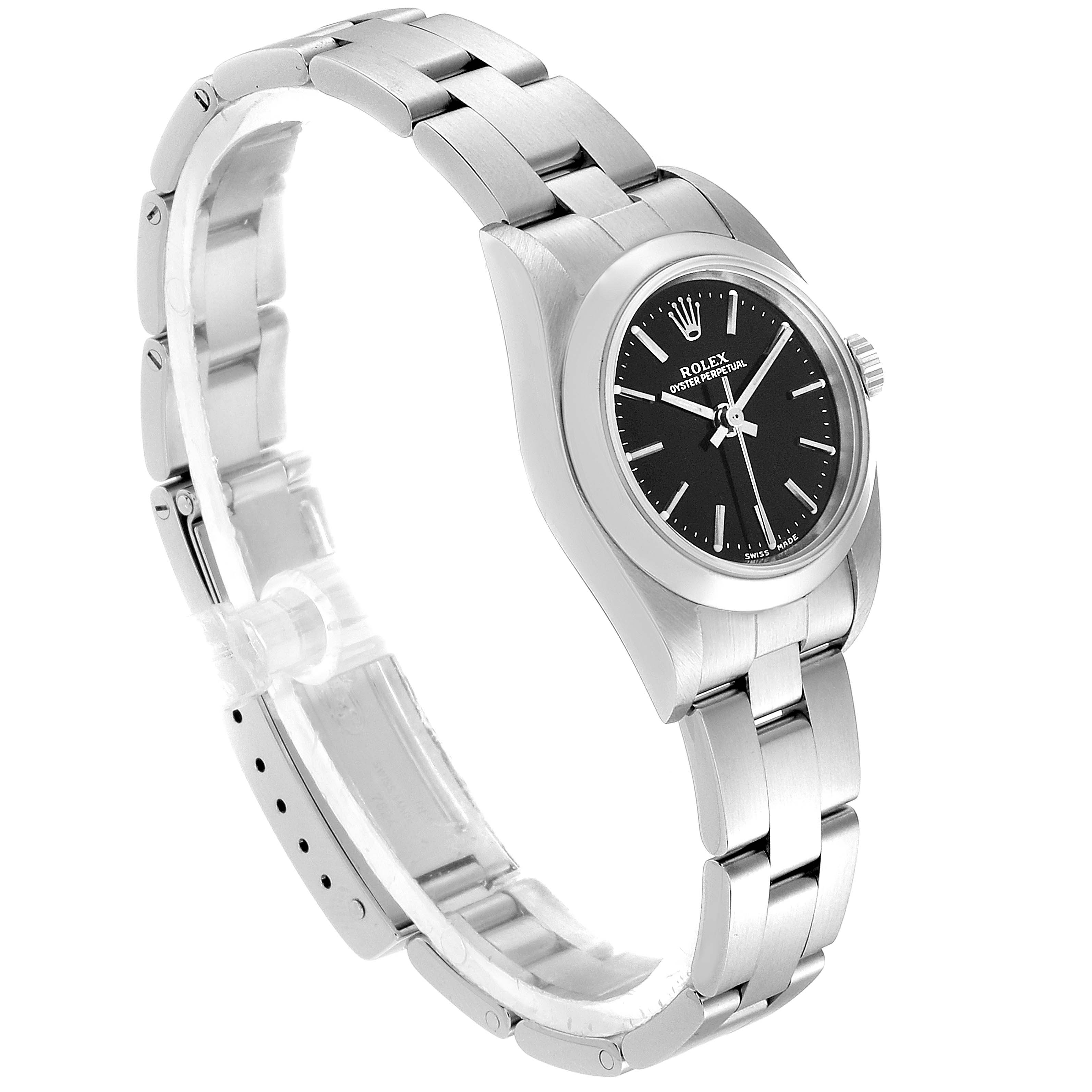 The image shows the Rolex Oyster Perpetual 76080 Women's Stainless Steel Black Dial 76080 Women's Stainless Steel Black Dial watch at a slight angle, displaying its case, dial, and stainless steel bracelet.