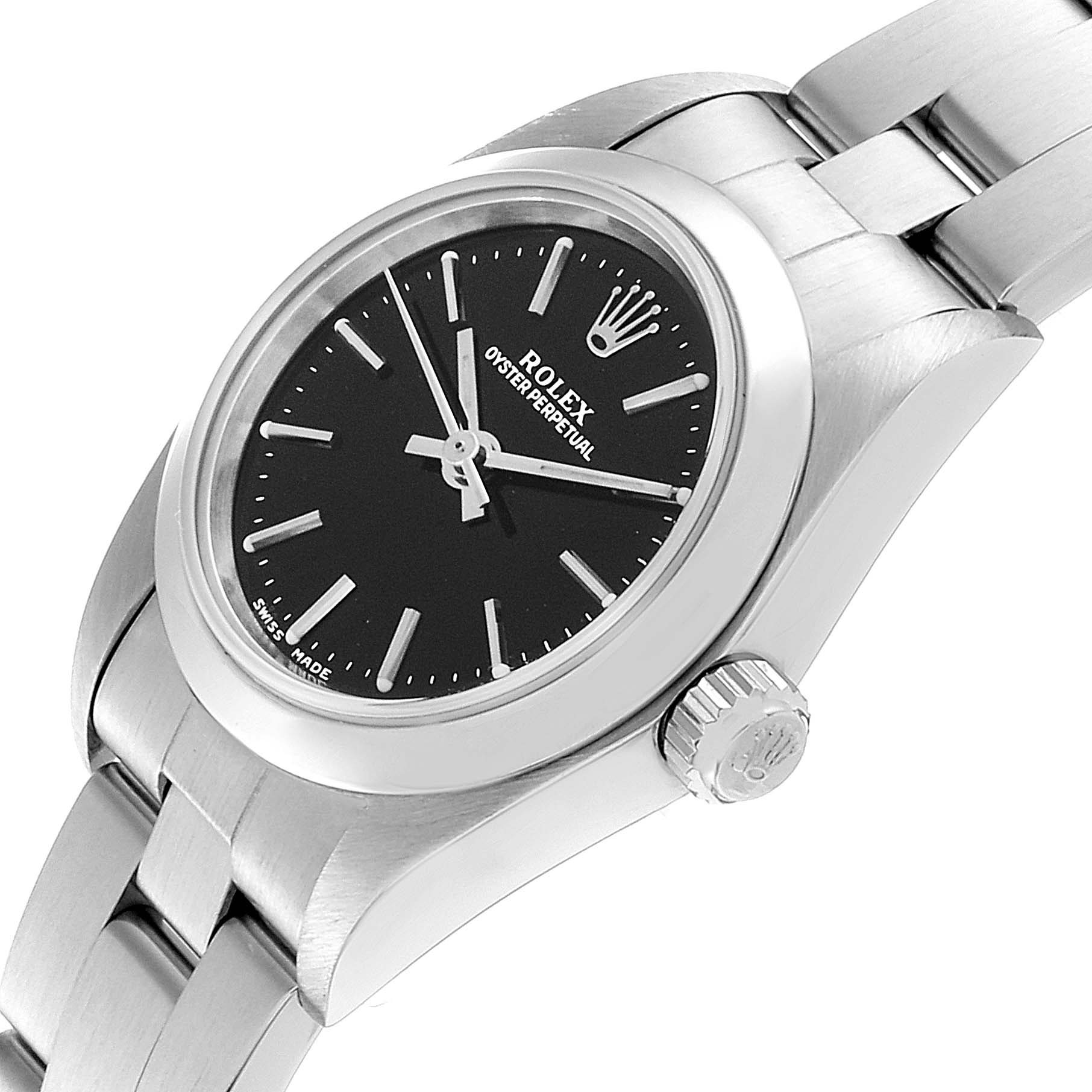 The image shows a side angle of a Rolex Oyster Perpetual 76080 Women's Stainless Steel Black Dial 76080 Women's Stainless Steel Black Dial watch, highlighting the black dial, crown, and stainless steel bracelet.