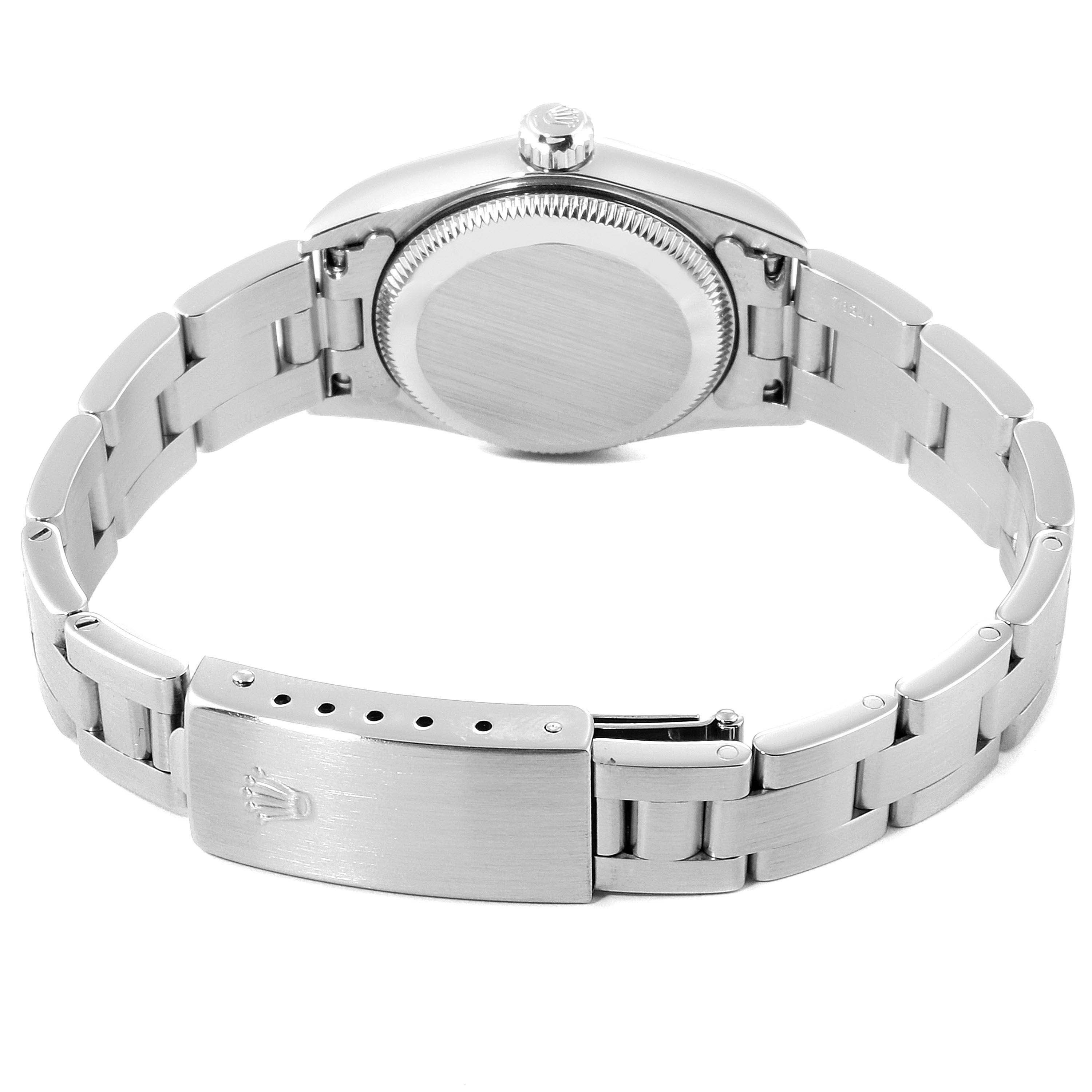 This image shows the back and band of a Rolex Oyster Perpetual 76080 Women's Stainless Steel Black Dial 76080 Women's Stainless Steel Black Dial watch, focusing on the clasp and caseback.