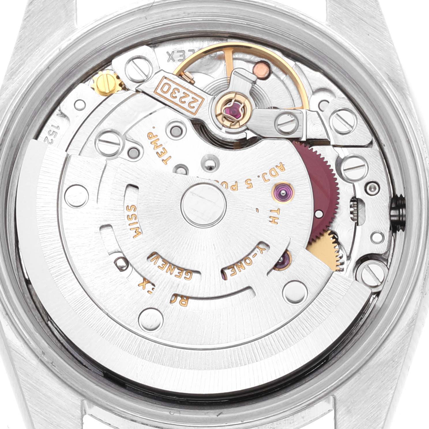 The image shows the internal mechanical movement from the back of a Rolex Oyster Perpetual 76030 Women
s Stainless Steel Pink Dial 76030 Women
s Stainless Steel Pink Dial watch.