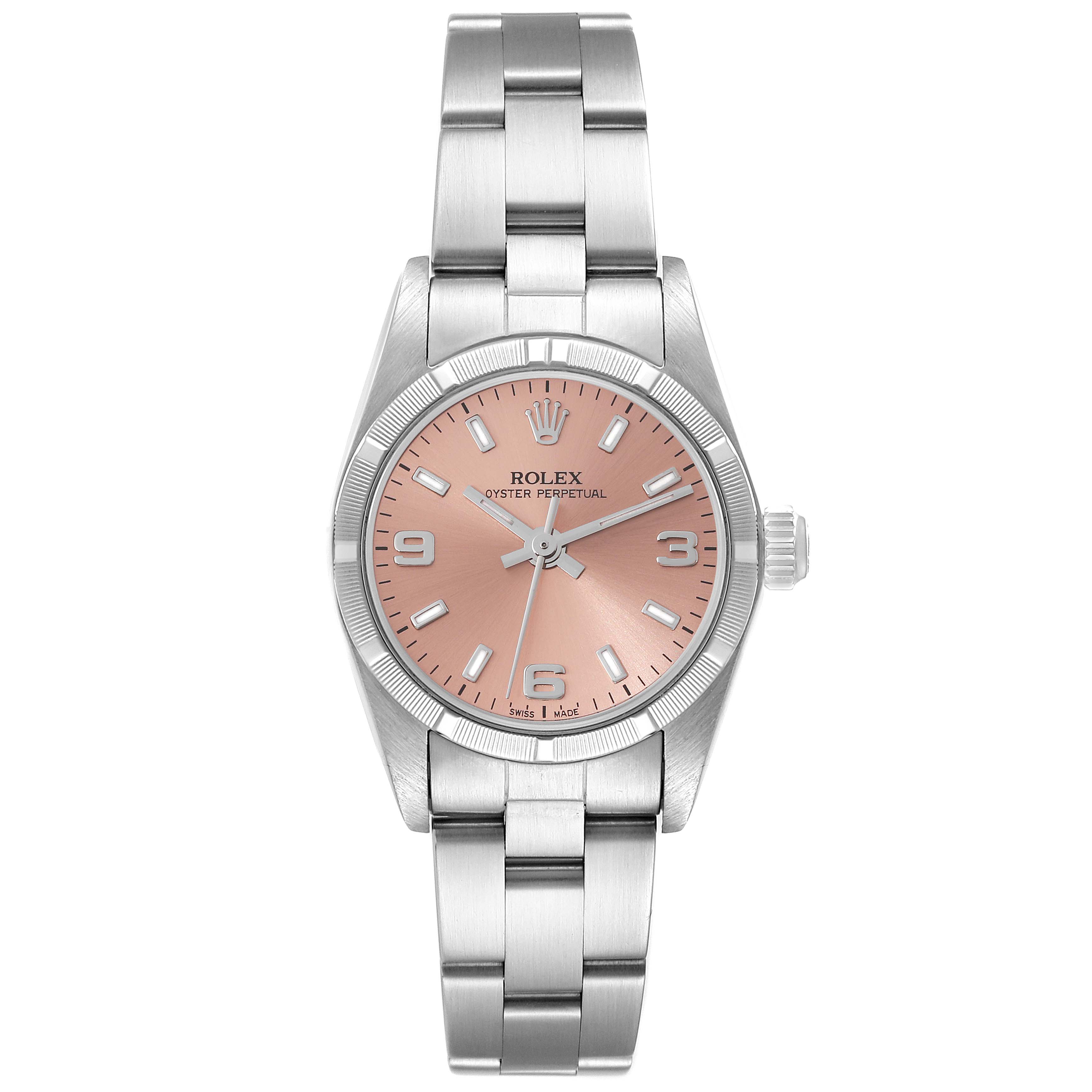 This image shows a front view of a Rolex Oyster Perpetual 76030 Women
s Stainless Steel Pink Dial 76030 Women
s Stainless Steel Pink Dial watch with a stainless steel band and a pink dial.