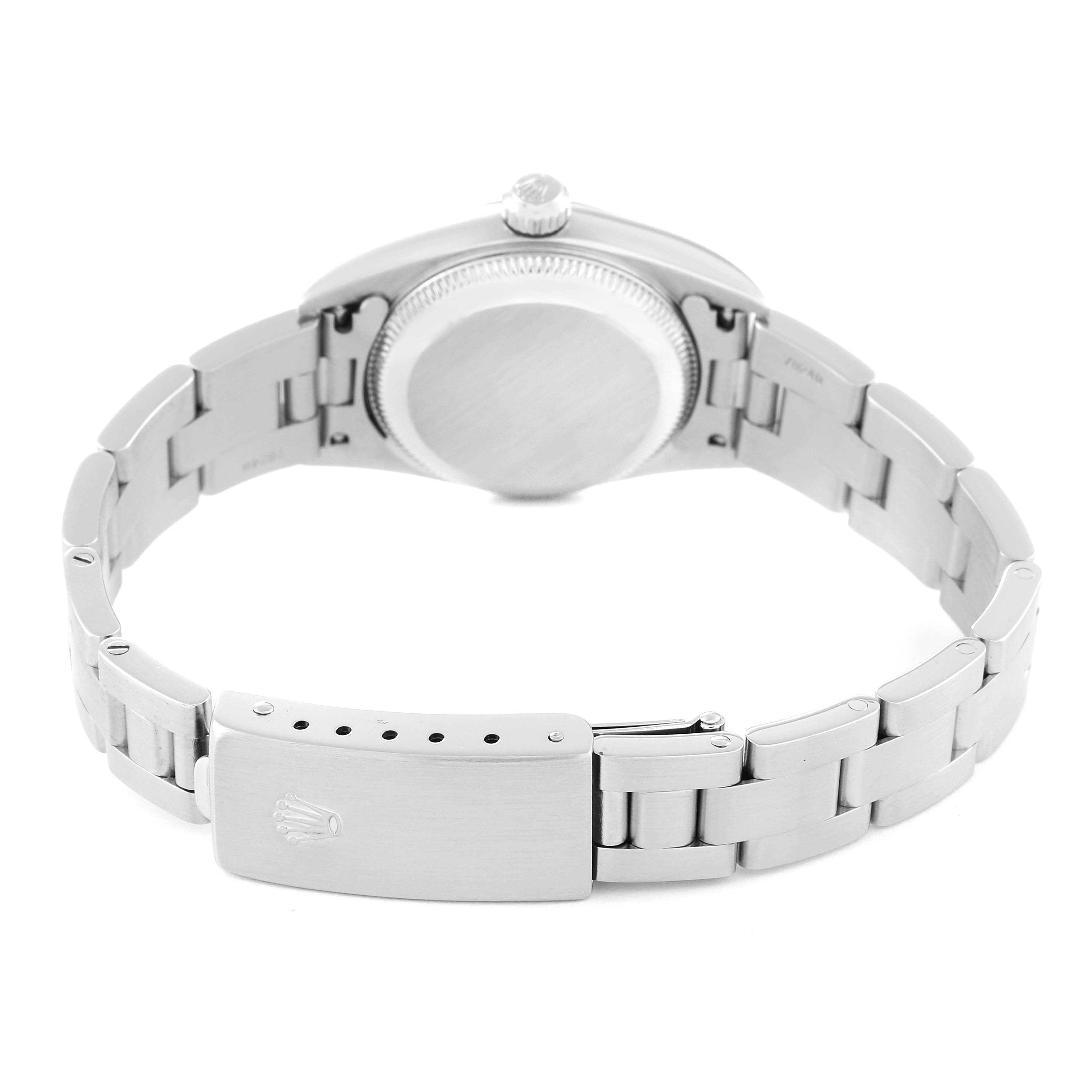 This image shows the back view of a Rolex Oyster Perpetual 76030 Women
s Stainless Steel Pink Dial 76030 Women
s Stainless Steel Pink Dial watch, highlighting its clasp, bracelet, and case back.