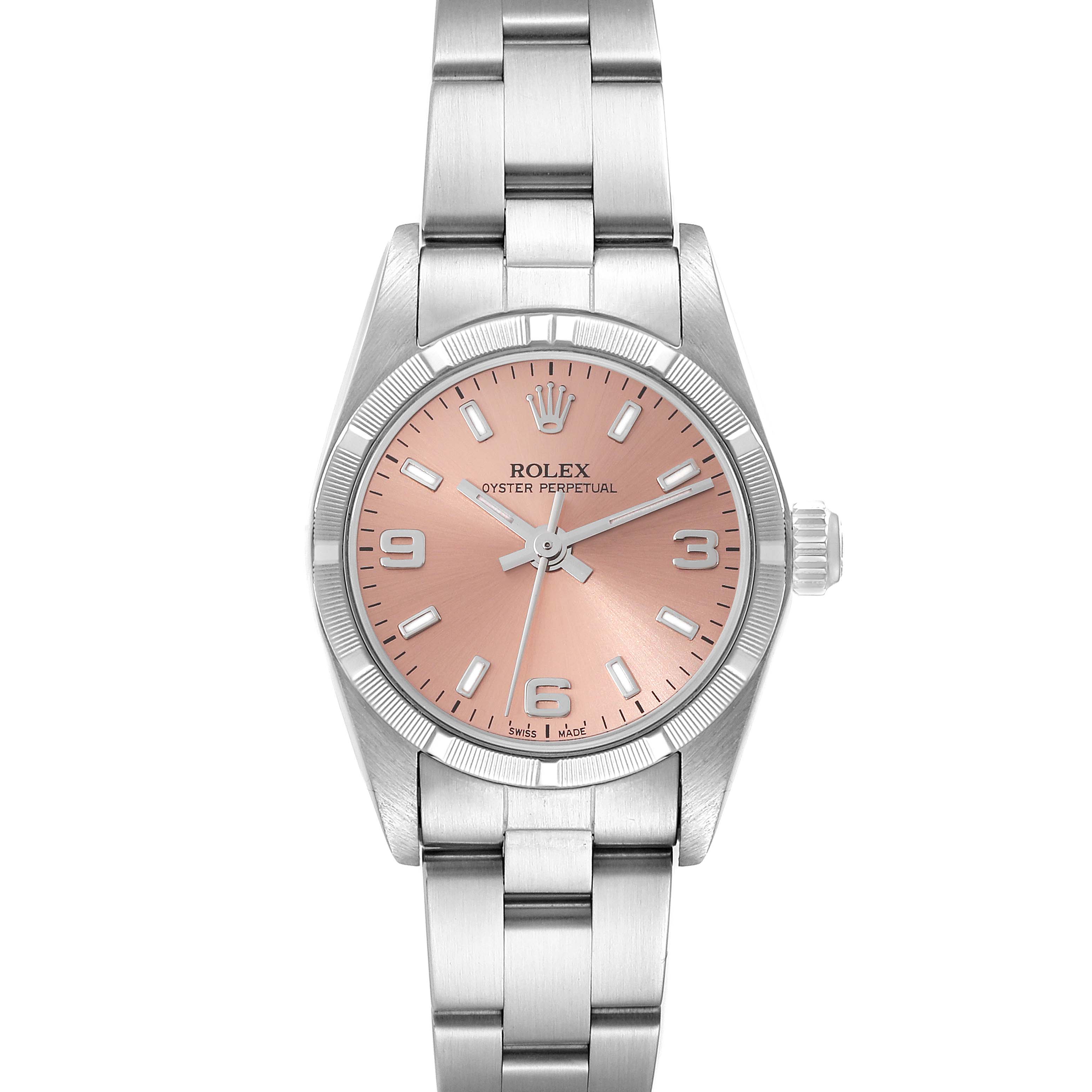 This image shows a front view of the Rolex Oyster Perpetual 76030 Women
s Stainless Steel Pink Dial 76030 Women
s Stainless Steel Pink Dial watch with a pink dial and a silver bracelet.