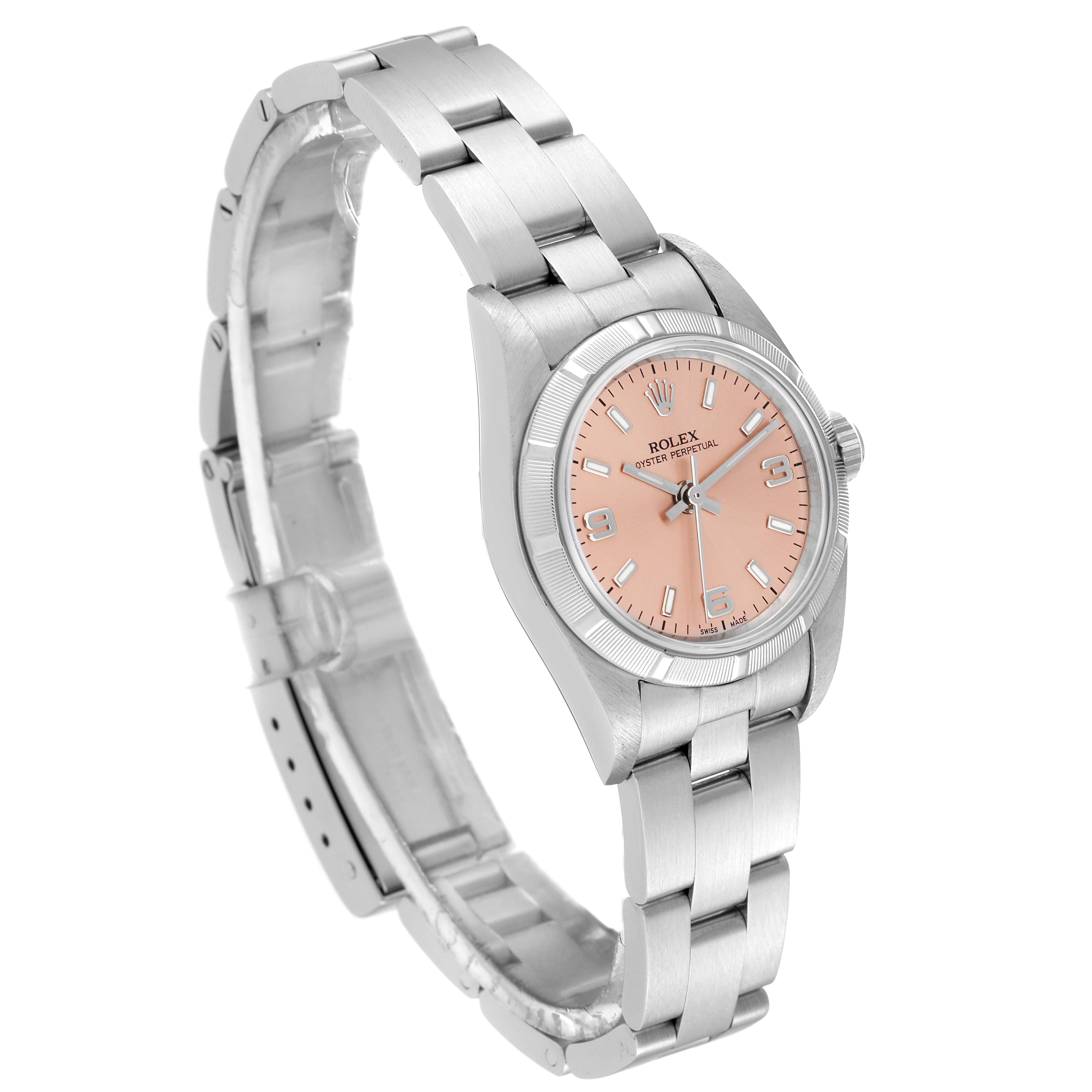 The image shows a side and front angle of the Rolex Oyster Perpetual 76030 Women
s Stainless Steel Pink Dial 76030 Women
s Stainless Steel Pink Dial watch, highlighting its bracelet, bezel, and pink dial.