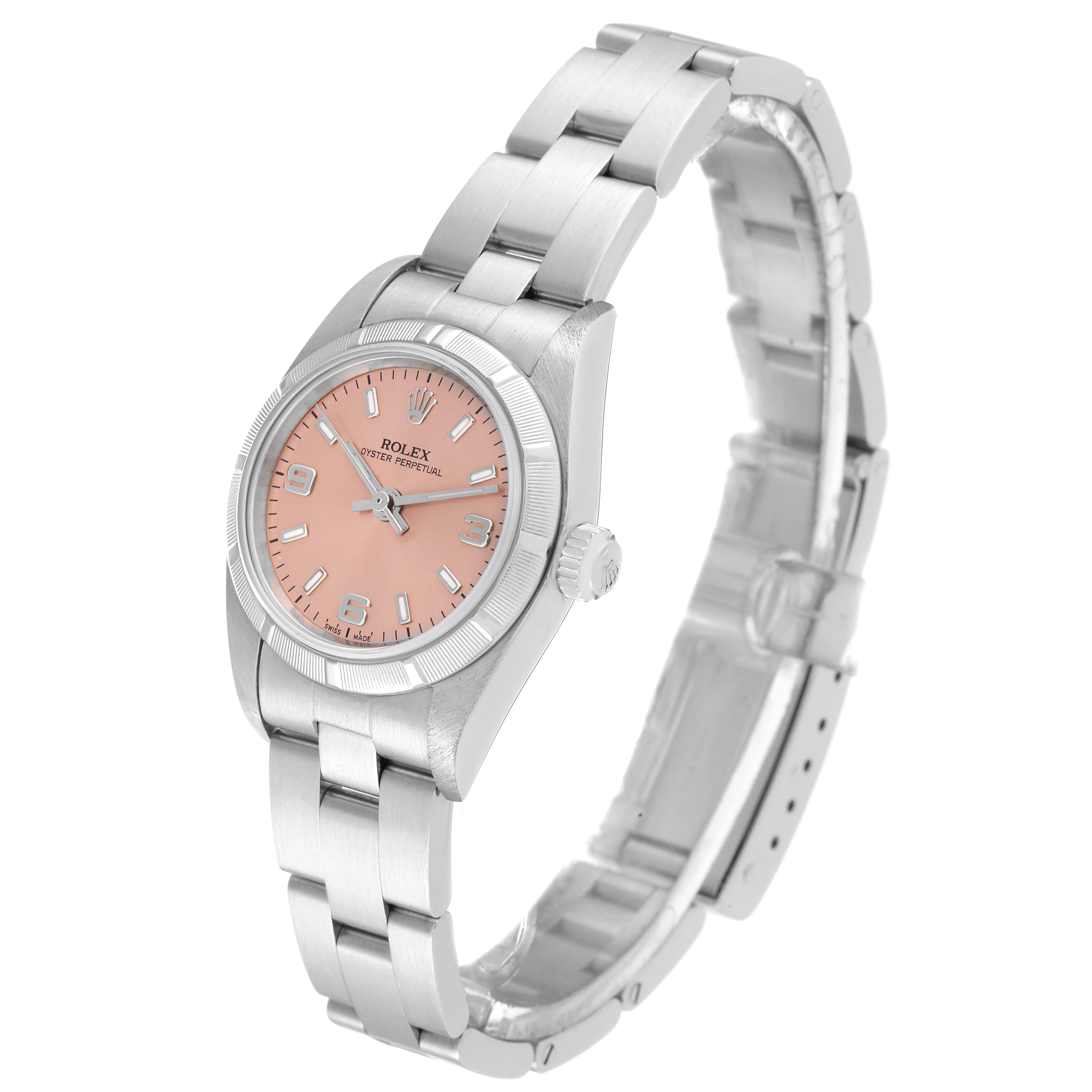 This image shows a Rolex Oyster Perpetual 76030 Women
s Stainless Steel Pink Dial 76030 Women
s Stainless Steel Pink Dial watch at a 3/4 angle, highlighting the bracelet, case, bezel, dial, and crown.