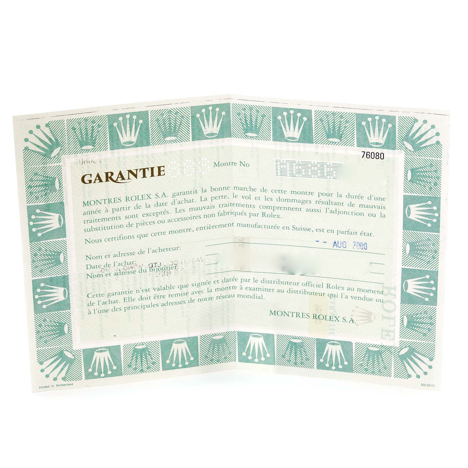 This image shows a warranty card for a Rolex Oyster Perpetual 76080 Women
s Stainless Steel Pink Dial 76080 Women
s Stainless Steel Pink Dial watch.