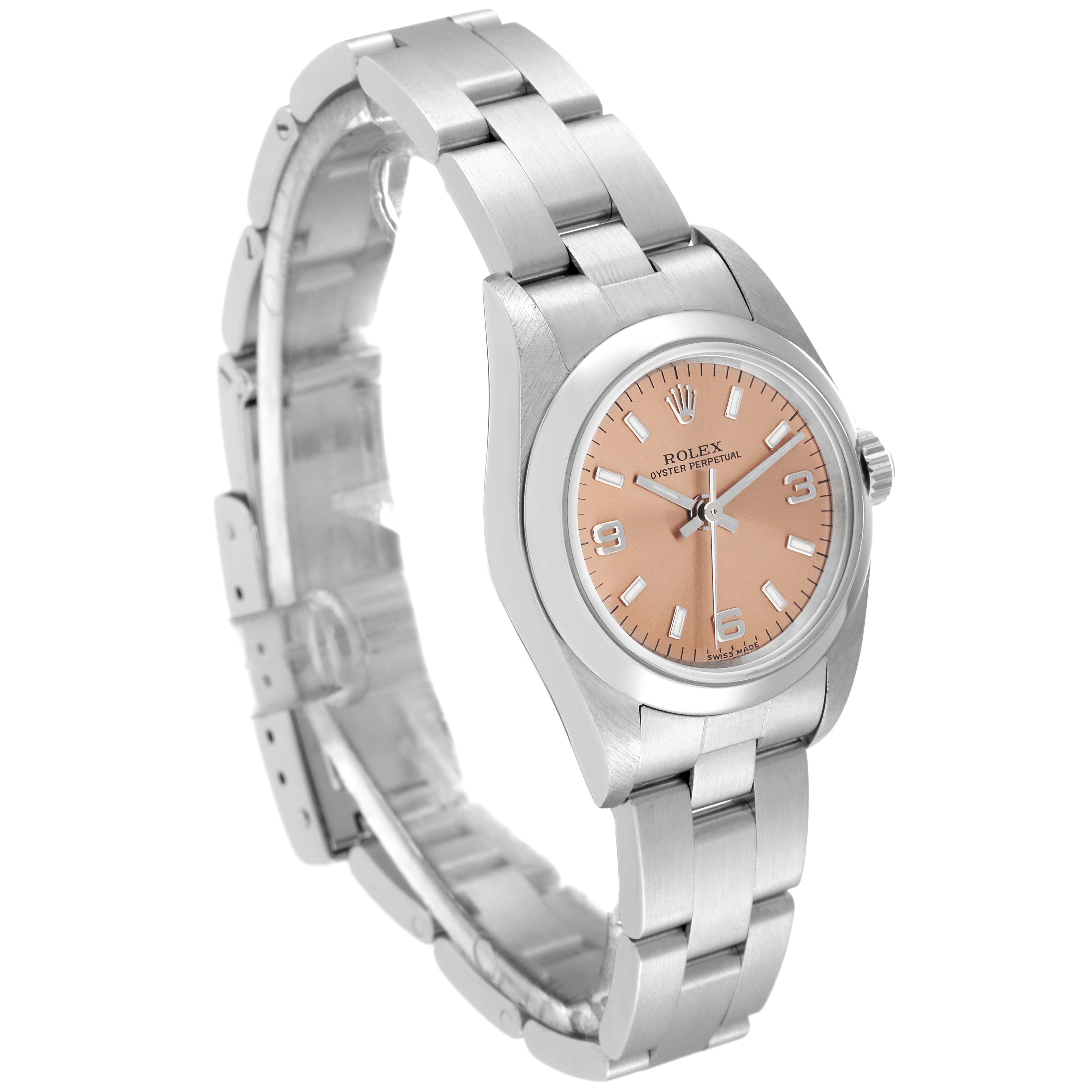 The image shows a side angle of a Rolex Oyster Perpetual 76080 Women
s Stainless Steel Pink Dial 76080 Women
s Stainless Steel Pink Dial watch, highlighting the strap, case, and dial.