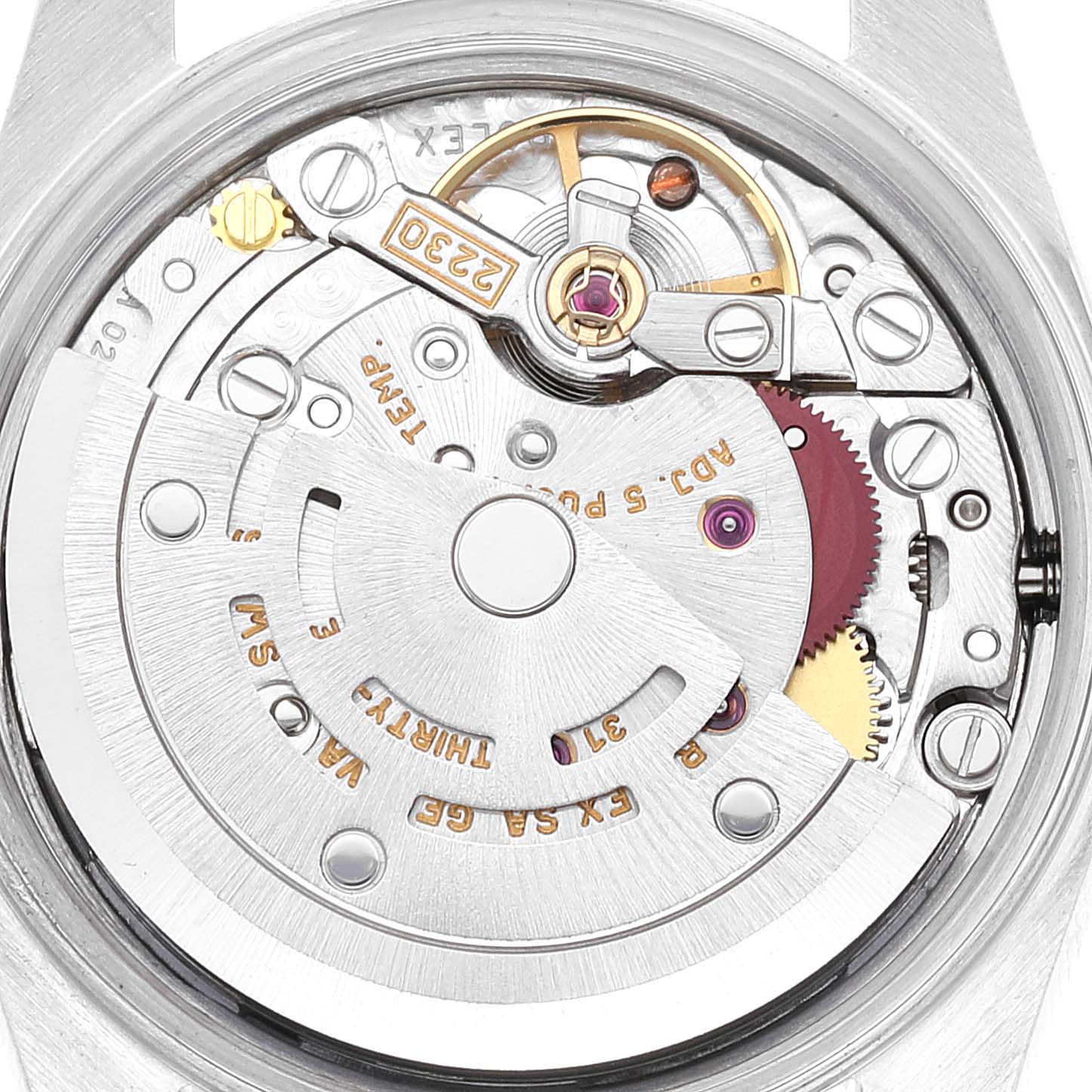 The image shows the internal mechanism of a Rolex Oyster Perpetual 76080 Women
s Stainless Steel Pink Dial 76080 Women
s Stainless Steel Pink Dial watch from a top-down angle.