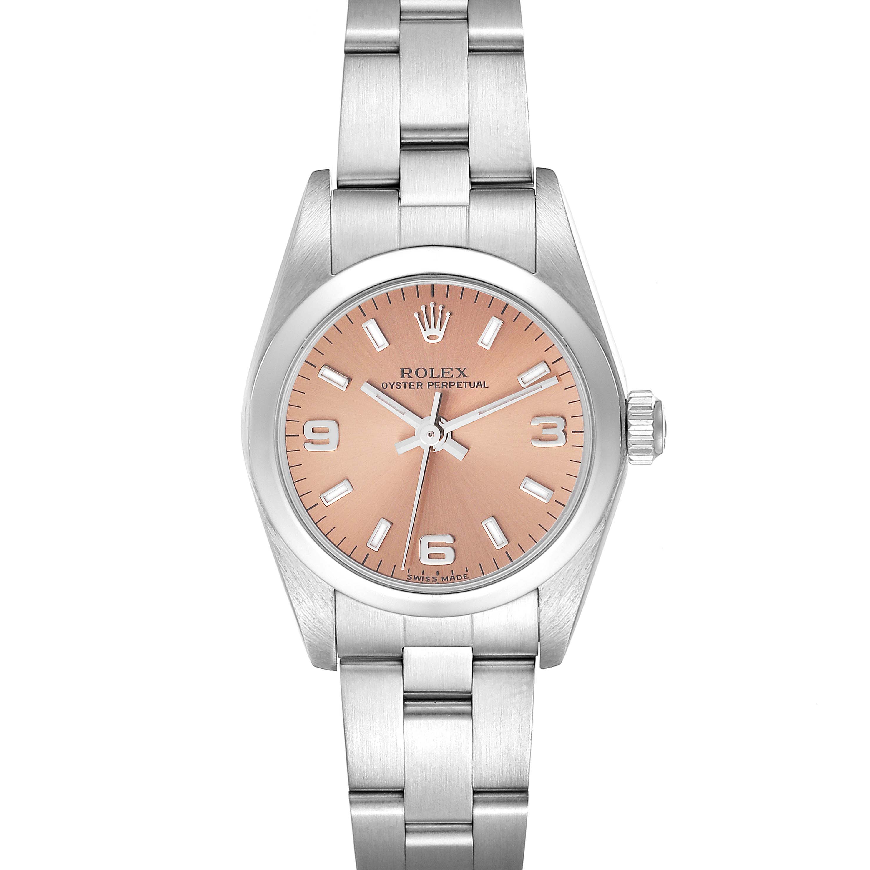 The image shows a front view of a Rolex Oyster Perpetual 76080 Women
s Stainless Steel Pink Dial 76080 Women
s Stainless Steel Pink Dial watch, highlighting its face, bezel, and bracelet.