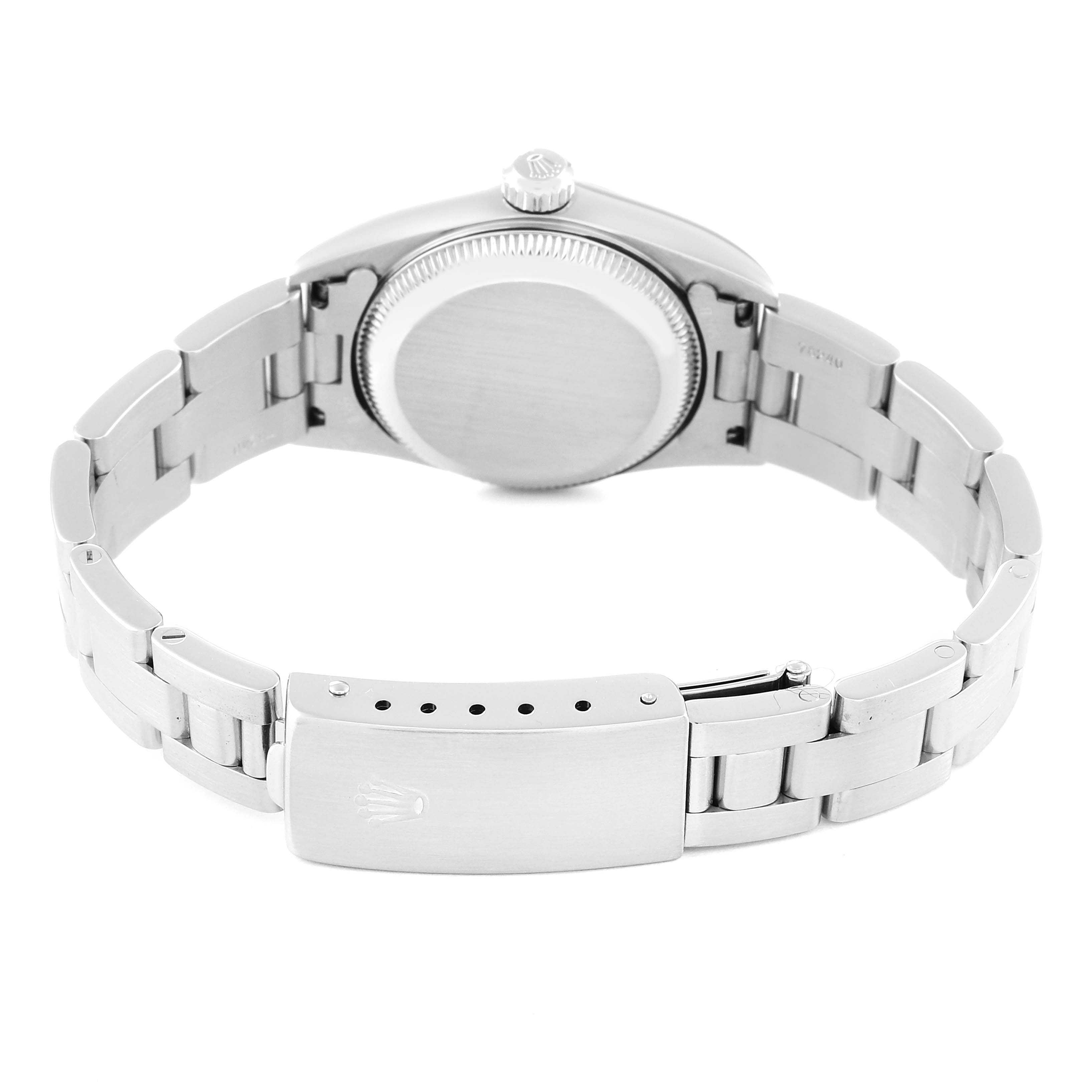 This image shows the back and bracelet of a Rolex Oyster Perpetual 76080 Women
s Stainless Steel Pink Dial 76080 Women
s Stainless Steel Pink Dial watch from a rear angle.