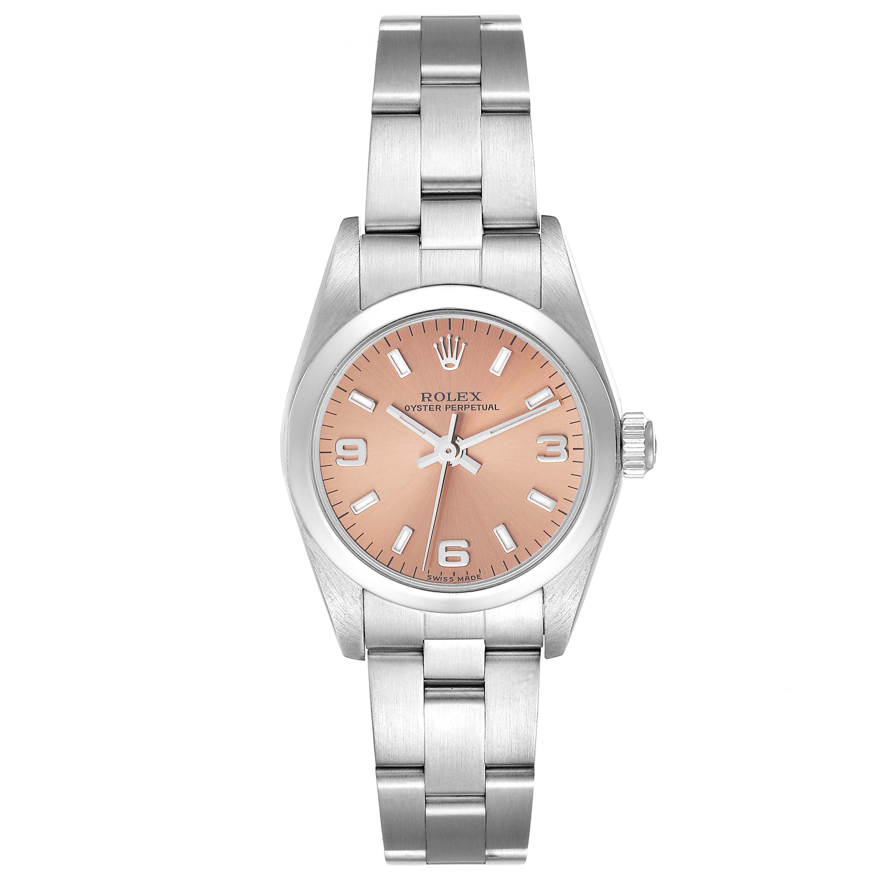 The image shows a Rolex Oyster Perpetual 76080 Women
s Stainless Steel Pink Dial 76080 Women
s Stainless Steel Pink Dial watch from a top-down angle, displaying its face, bezel, lugs, and bracelet.