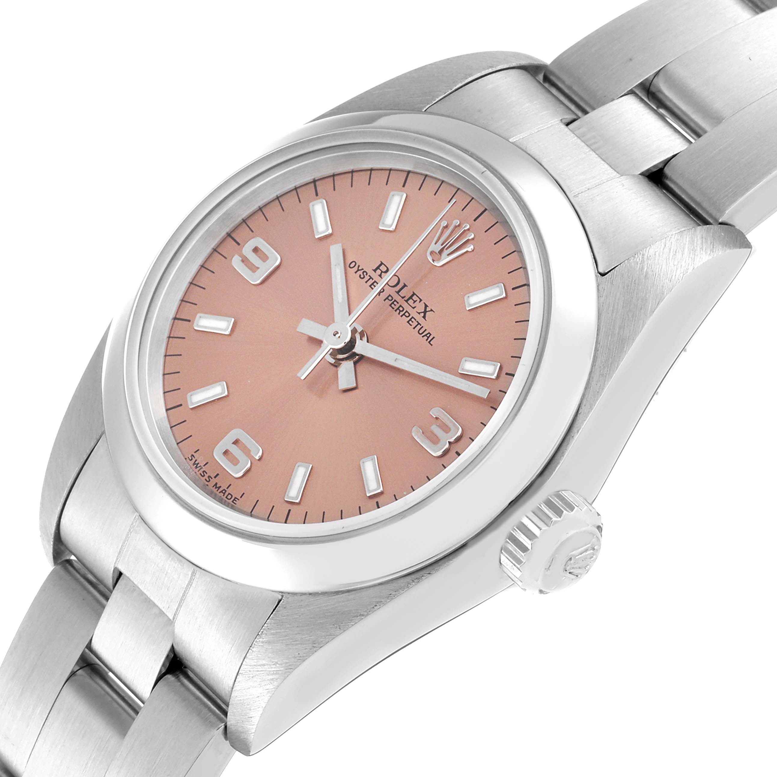 The Rolex Oyster Perpetual 76080 Women
s Stainless Steel Pink Dial 76080 Women
s Stainless Steel Pink Dial watch is shown at an angle displaying the face, crown, and partial bracelet.