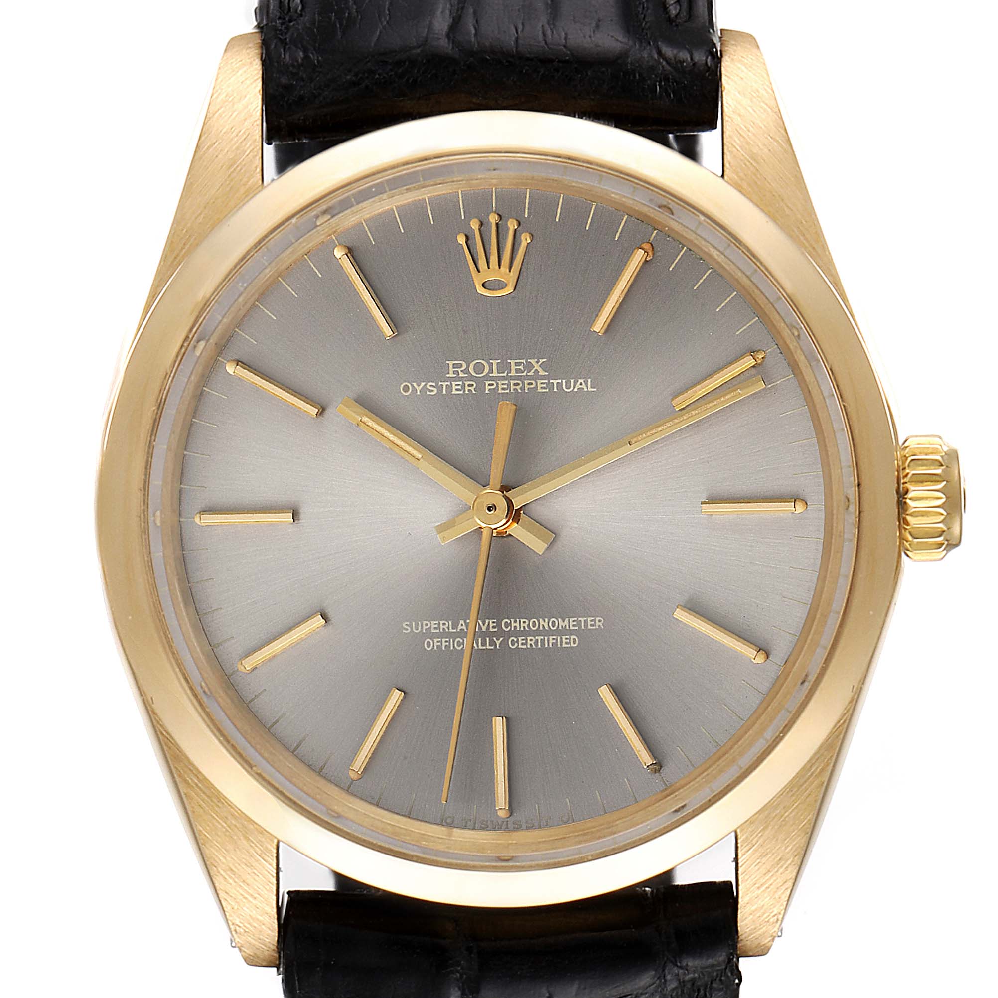 The image shows a front view of a Rolex Vintage Collection 1002 Men's Yellow Gold Grey Dial 1002 Men's Yellow Gold Grey Dial watch, highlighting the dial, hands, gold casing, and part of a black strap.