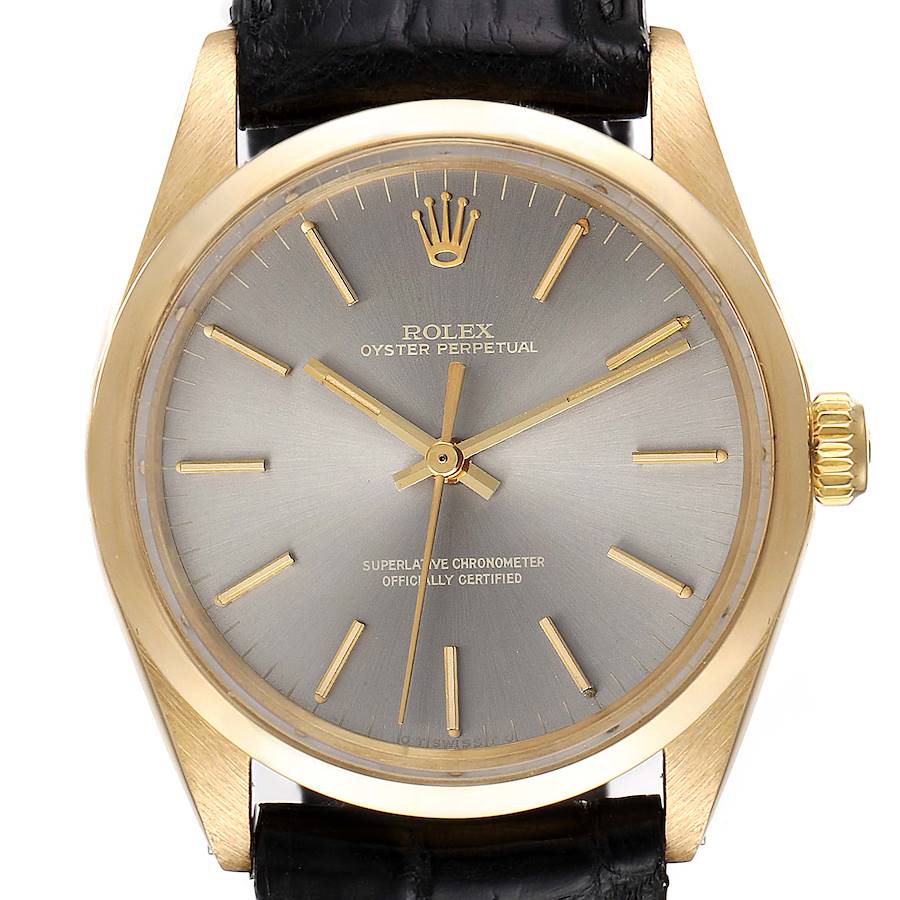 Rolex Oyster Perpetual Yellow Gold Grey Dial Vintage Mens Watch 1002 SwissWatchExpo