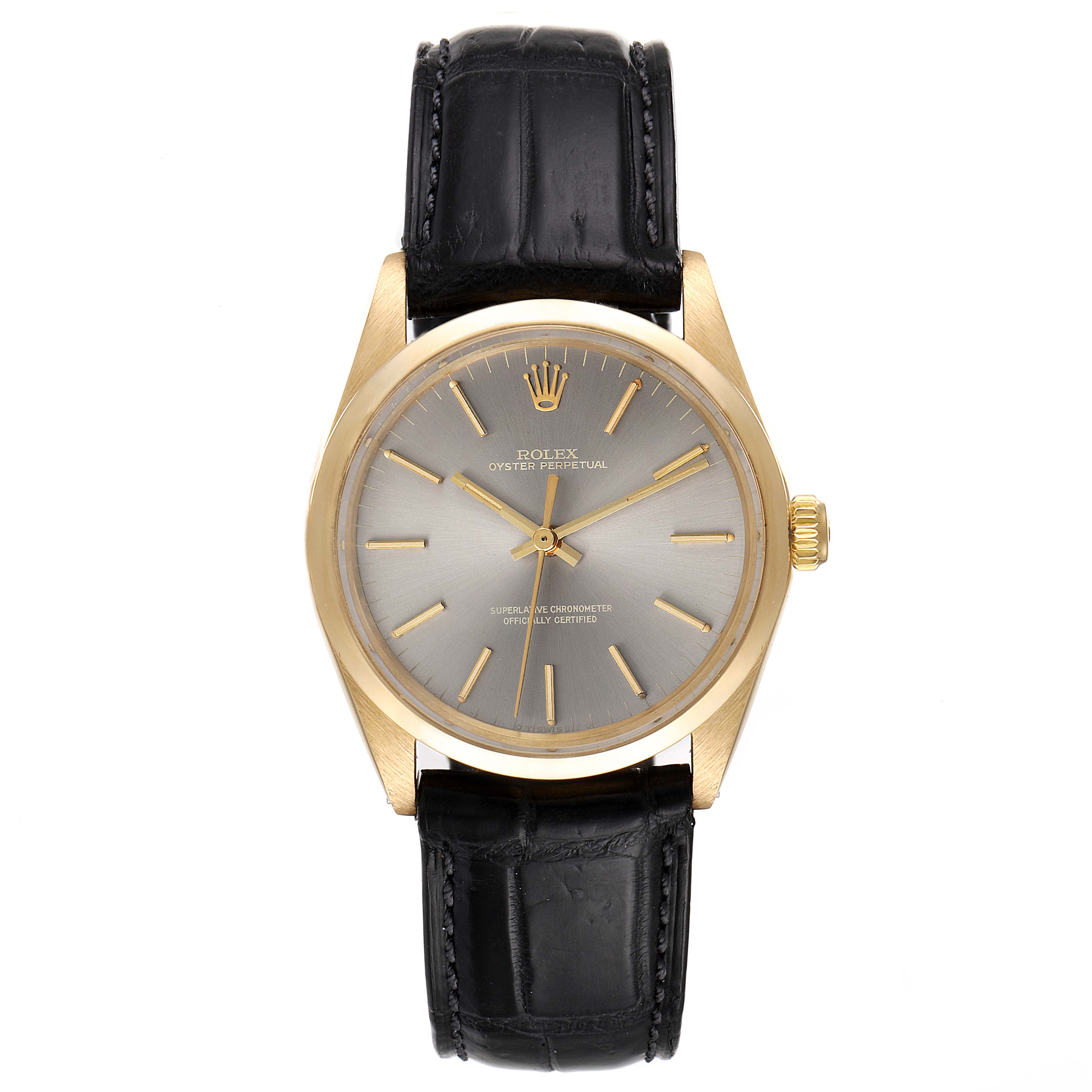 The image shows a front view of the Rolex Vintage Collection 1002 Men's Yellow Gold Grey Dial 1002 Men's Yellow Gold Grey Dial watch, highlighting its dial, gold case, and black leather strap.