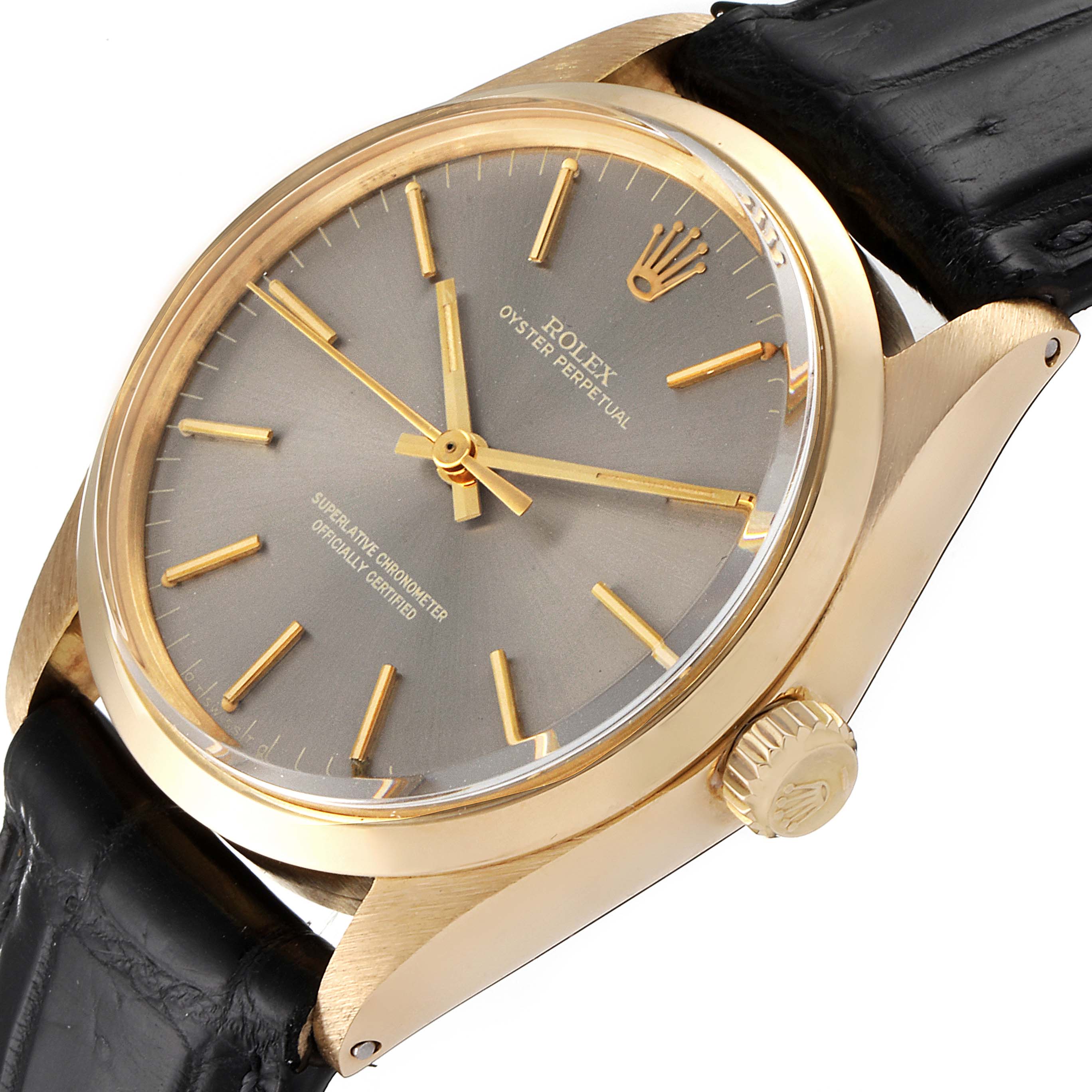 The image shows a Rolex Vintage Collection 1002 Men's Yellow Gold Grey Dial 1002 Men's Yellow Gold Grey Dial watch at a slight angle, displaying the face, bezel, lugs, crown, and part of the leather strap.