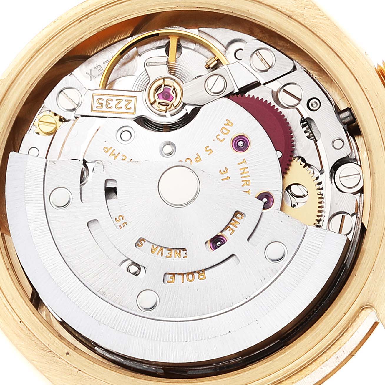 This image shows the internal movement mechanism of a Rolex President 179178 Women
s Yellow Gold Champagne Dial 179178 Women
s Yellow Gold Champagne Dial model watch from a top-down angle.