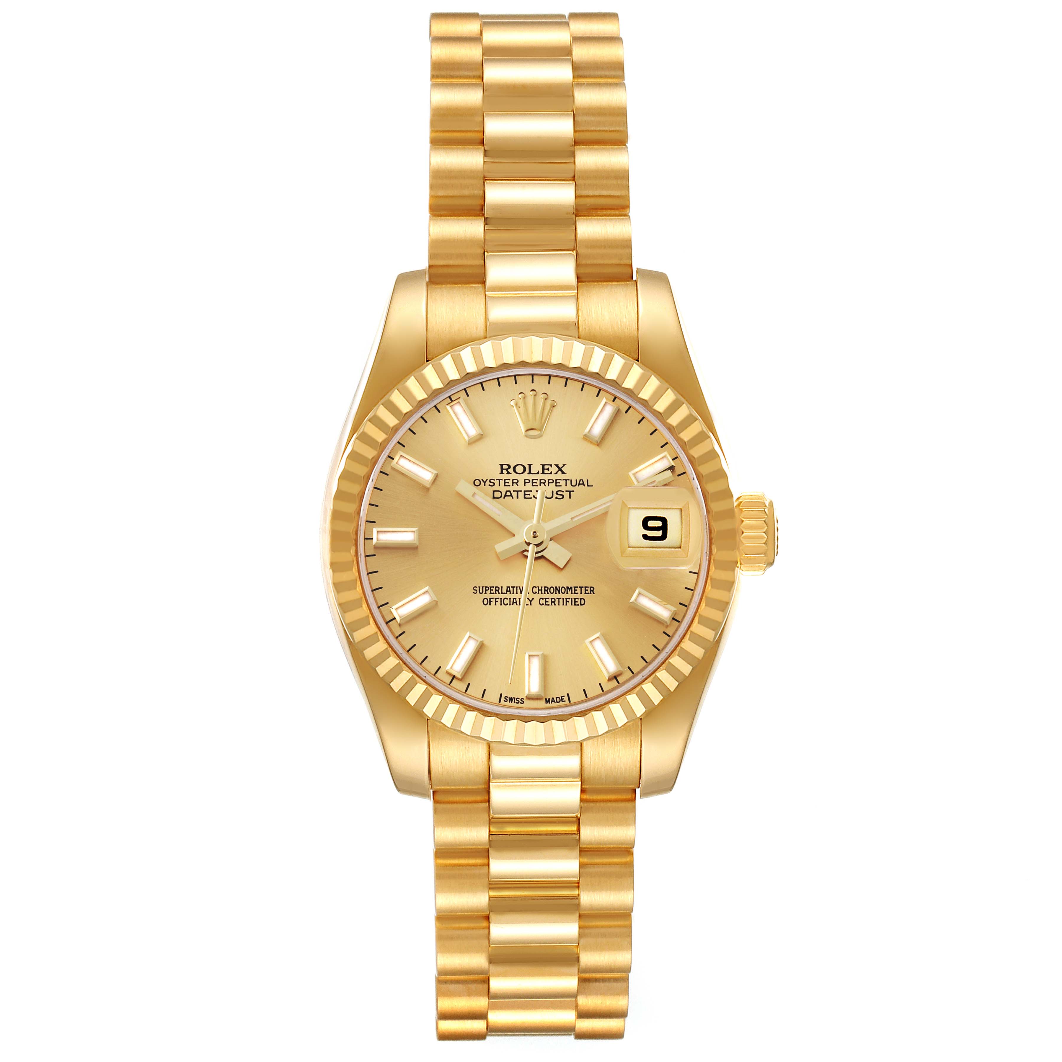 This image shows a Rolex President 179178 Women
s Yellow Gold Champagne Dial 179178 Women
s Yellow Gold Champagne Dial model watch from a top-down perspective, highlighting the dial, bracelet, bezel, and crown.