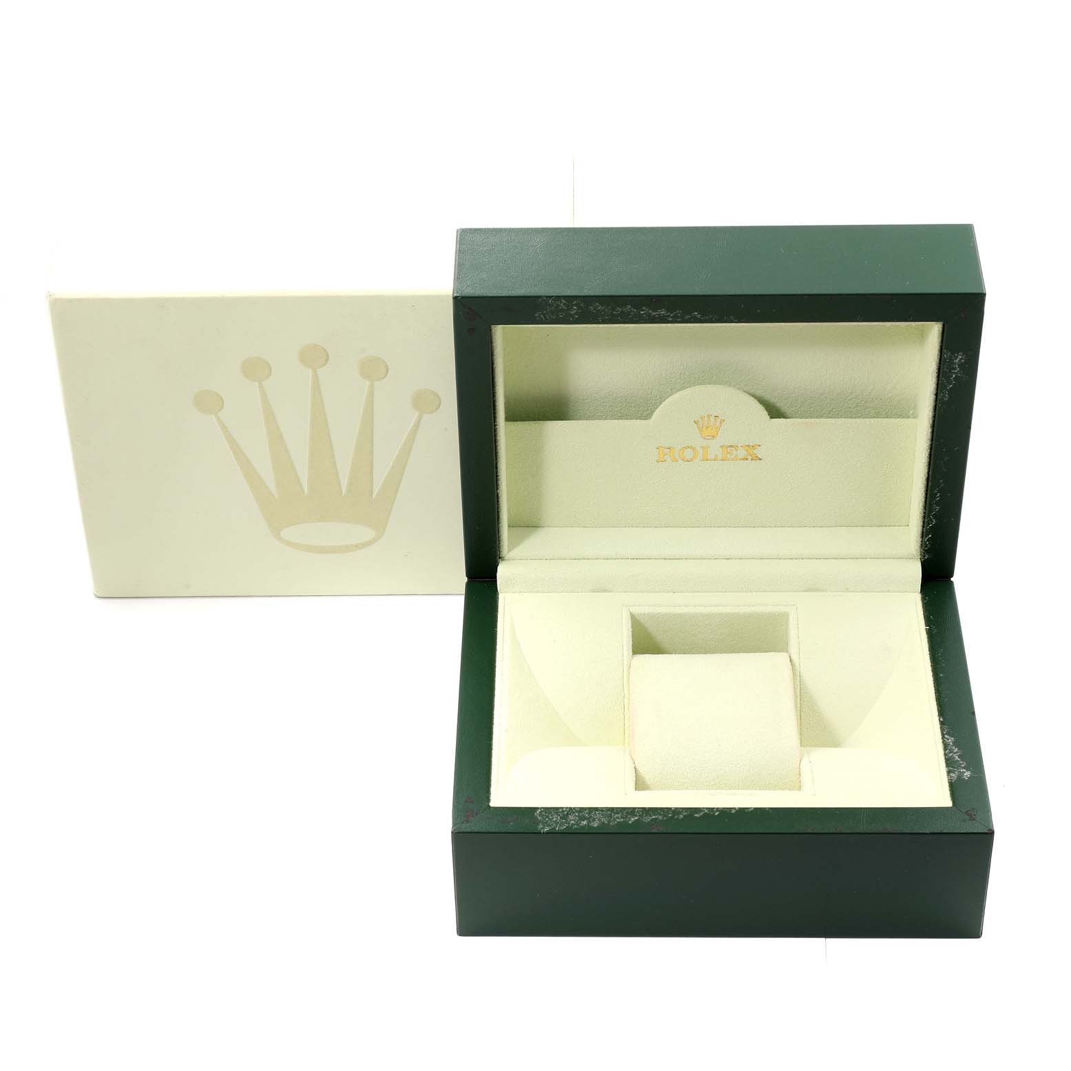 This image shows an open green and beige Rolex watch box, suitable for a President model.