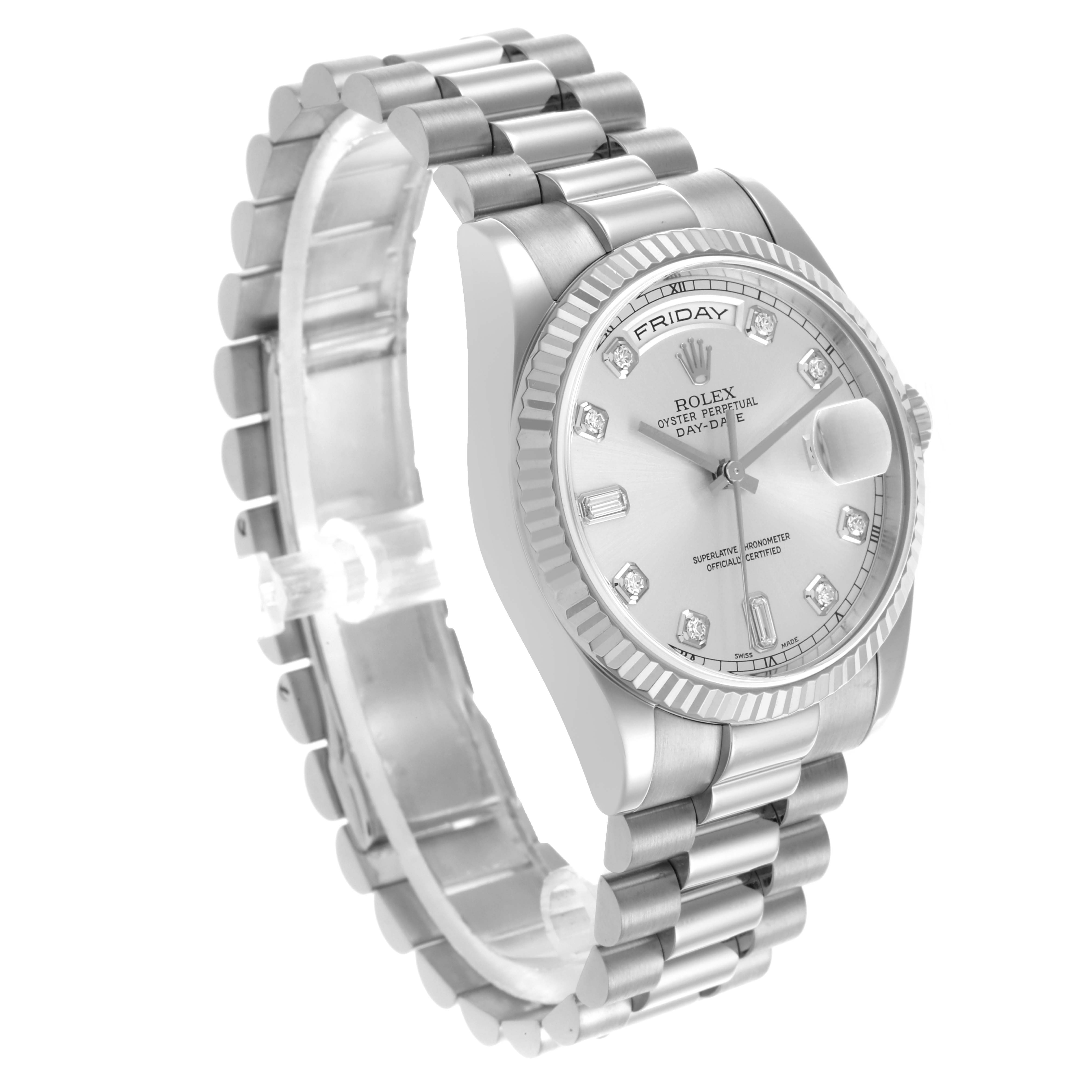 The Rolex President 118239A Men's White Gold Silver Dial 118239A Men's White Gold Silver Dial model is shown at a three-quarter angle, highlighting the bracelet, bezel, and face with day-date display.