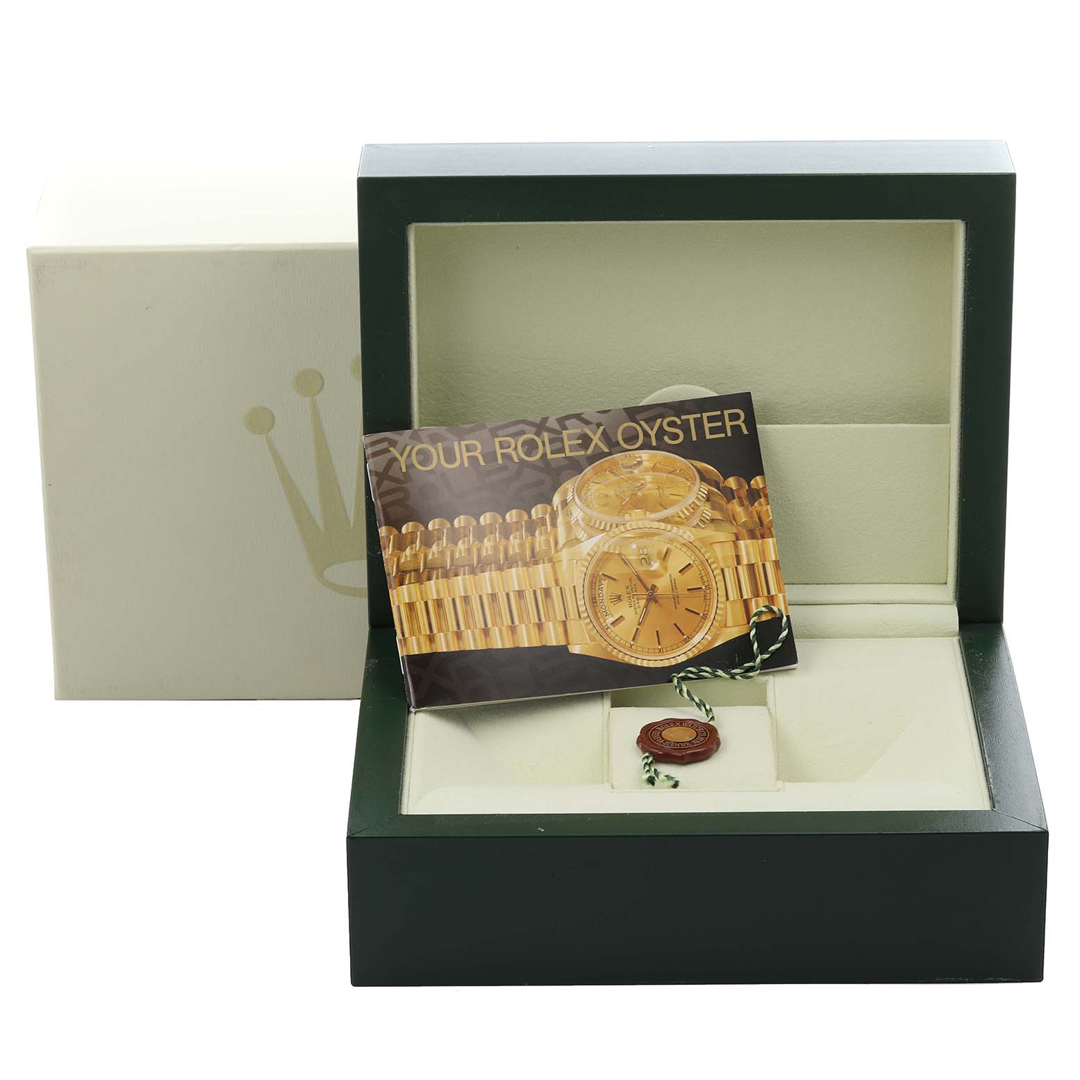 The image shows a Rolex President 118239A Men's White Gold Silver Dial 118239A Men's White Gold Silver Dial model watch box, booklet, and tag at a front angle.