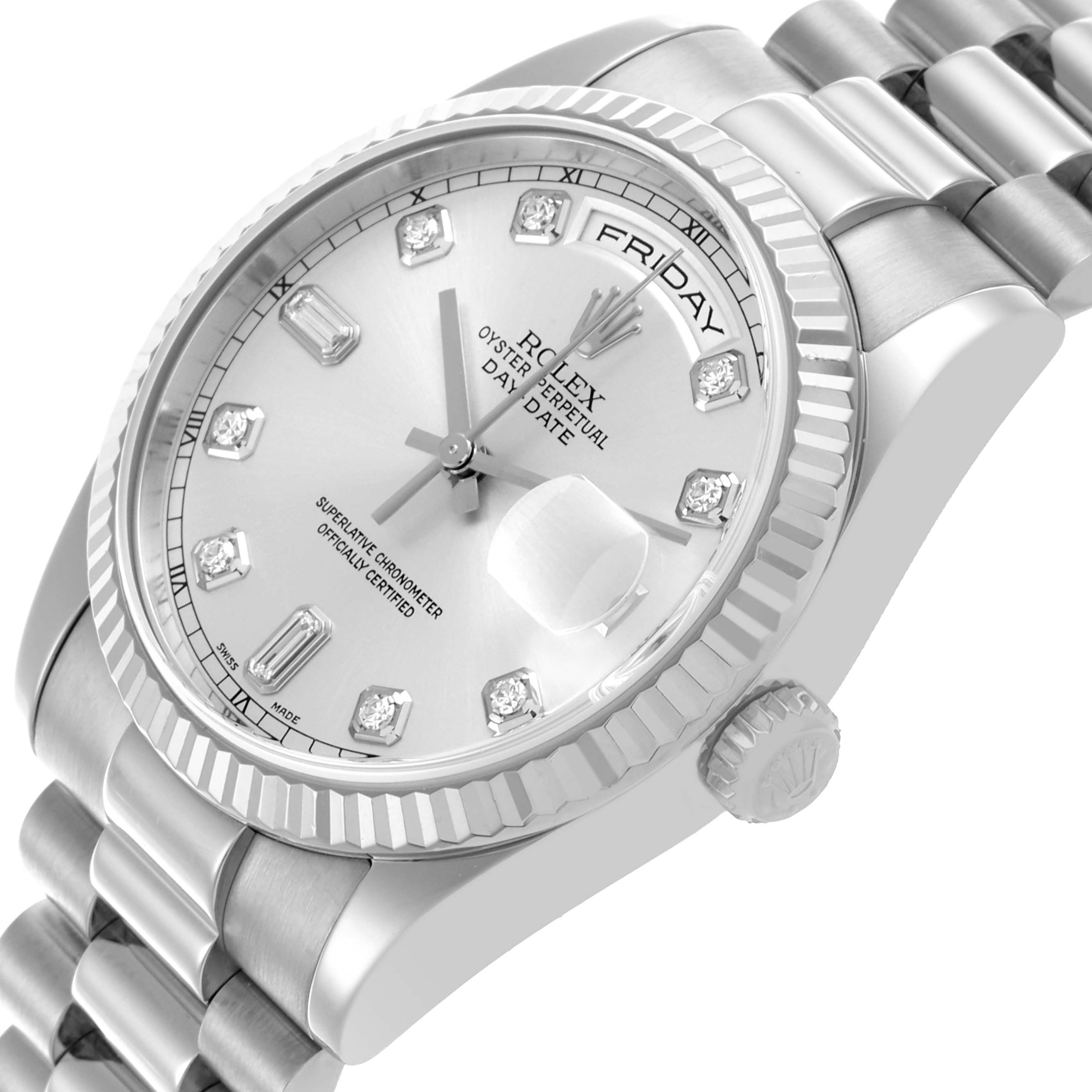 The Rolex President 118239A Men's White Gold Silver Dial 118239A Men's White Gold Silver Dial model watch is shown at an angled view, highlighting the face, bezel, crown, and part of the bracelet.