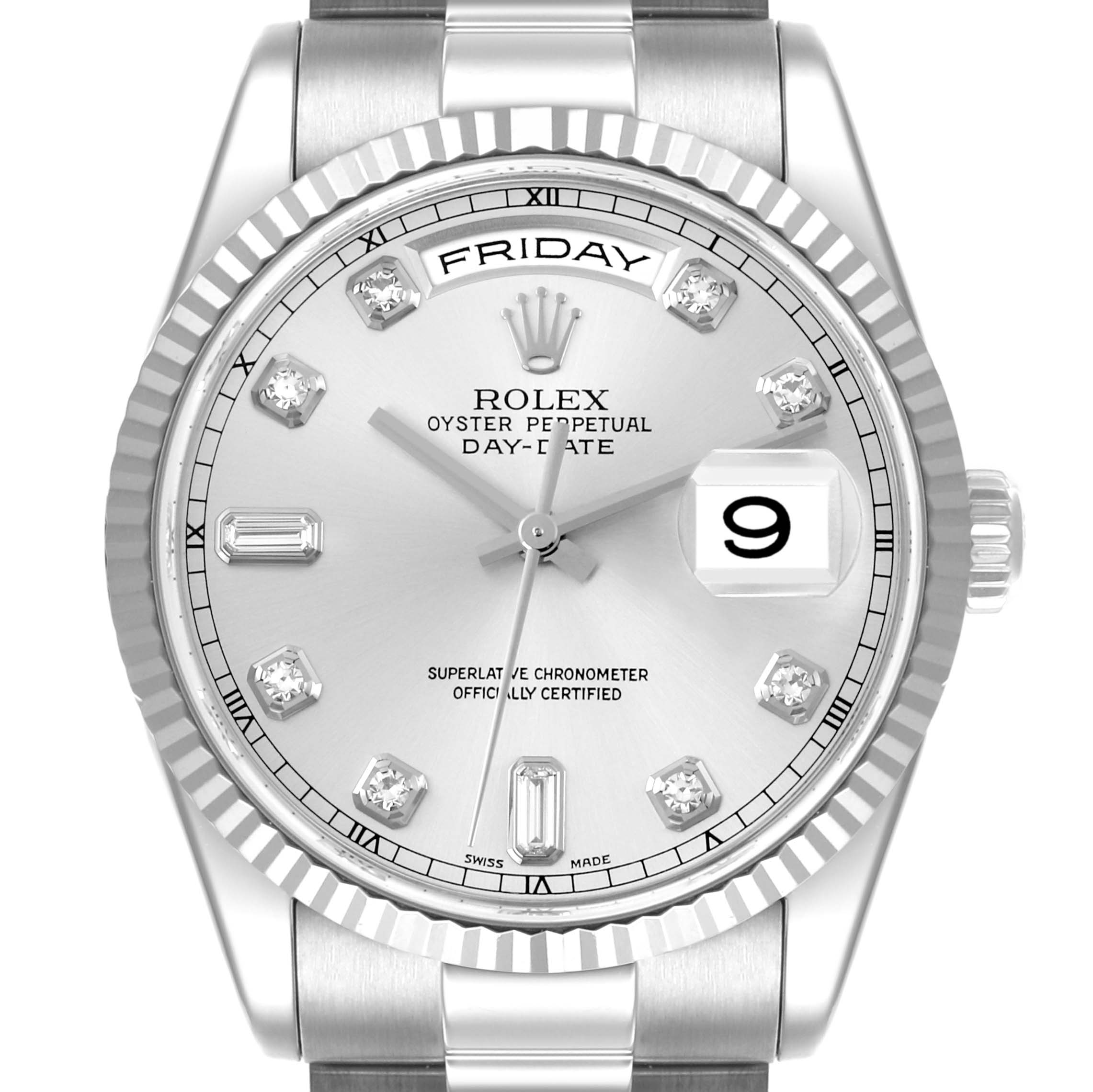 The Rolex President 118239A Men's White Gold Silver Dial 118239A Men's White Gold Silver Dial model is shown from a frontal view highlighting the dial, bezel, and day/date features.