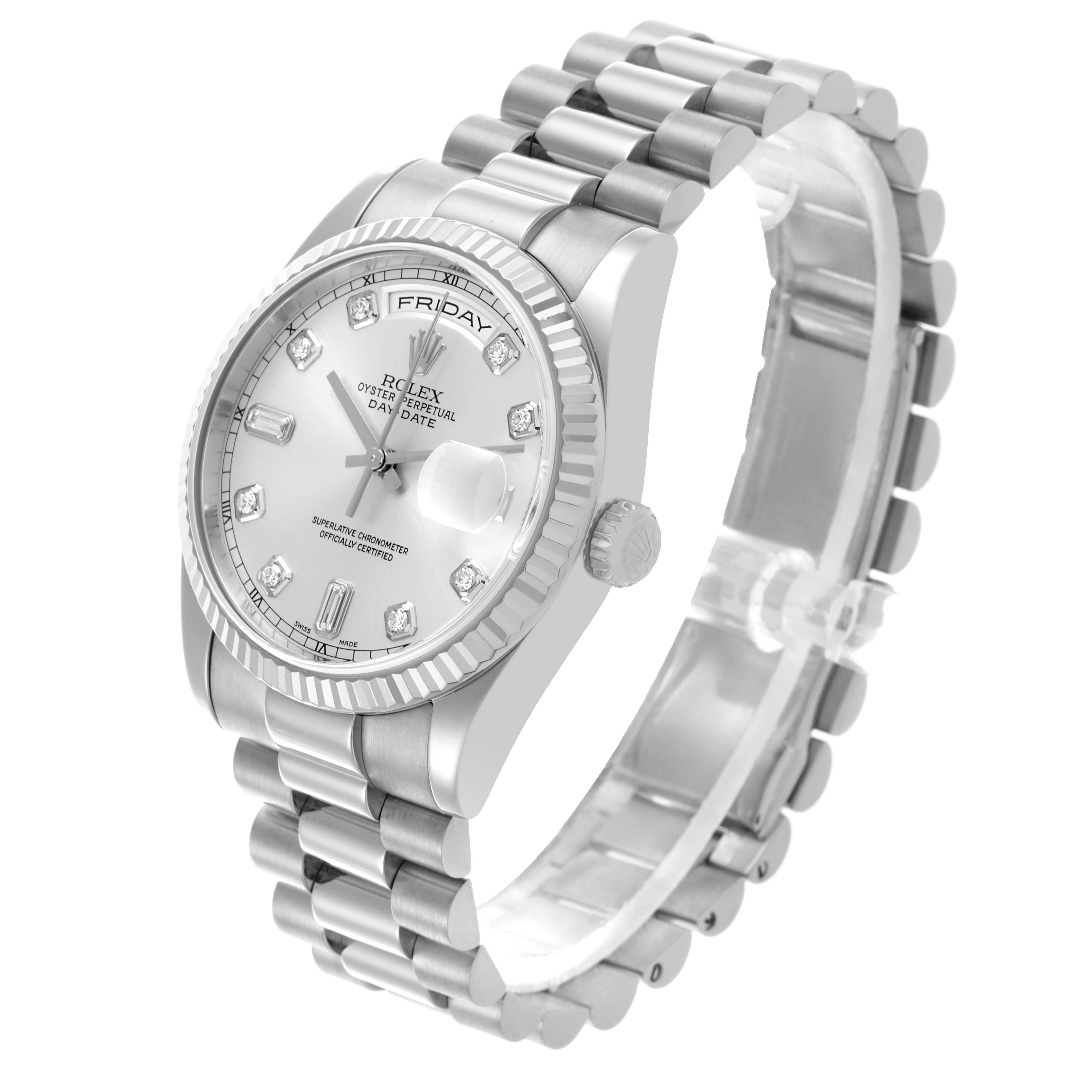 The Rolex President 118239A Men's White Gold Silver Dial 118239A Men's White Gold Silver Dial model is shown at a three-quarter angle, displaying the face, bezel, crown, and full bracelet.