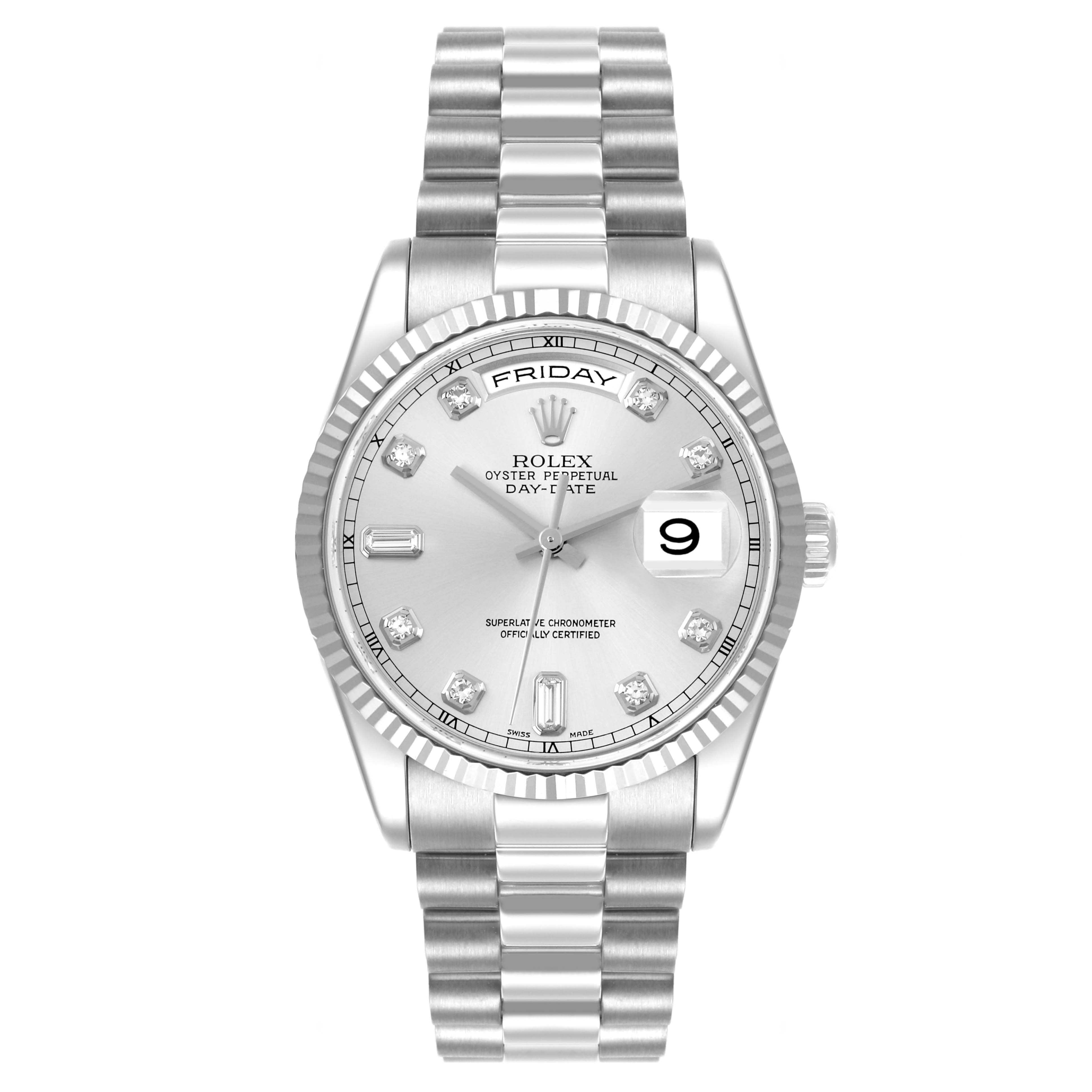 The Rolex President 118239A Men's White Gold Silver Dial 118239A Men's White Gold Silver Dial model is shown from a front angle, featuring the dial, bezel, and bracelet.