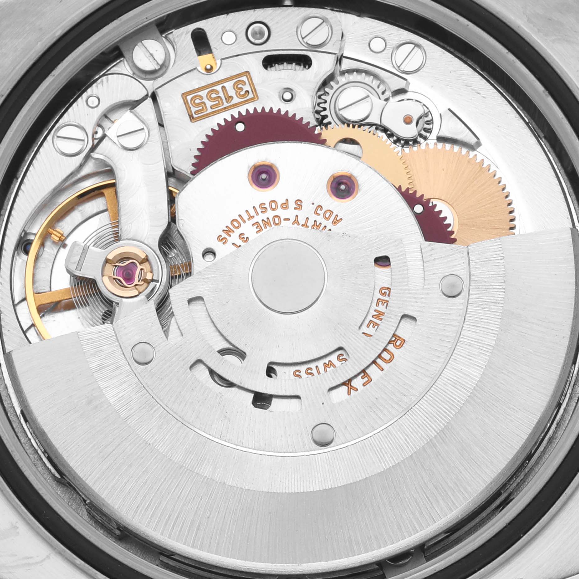 This image shows the internal mechanism of a Rolex President 118239A Men's White Gold Silver Dial 118239A Men's White Gold Silver Dial watch, featuring gears and components from a back view.