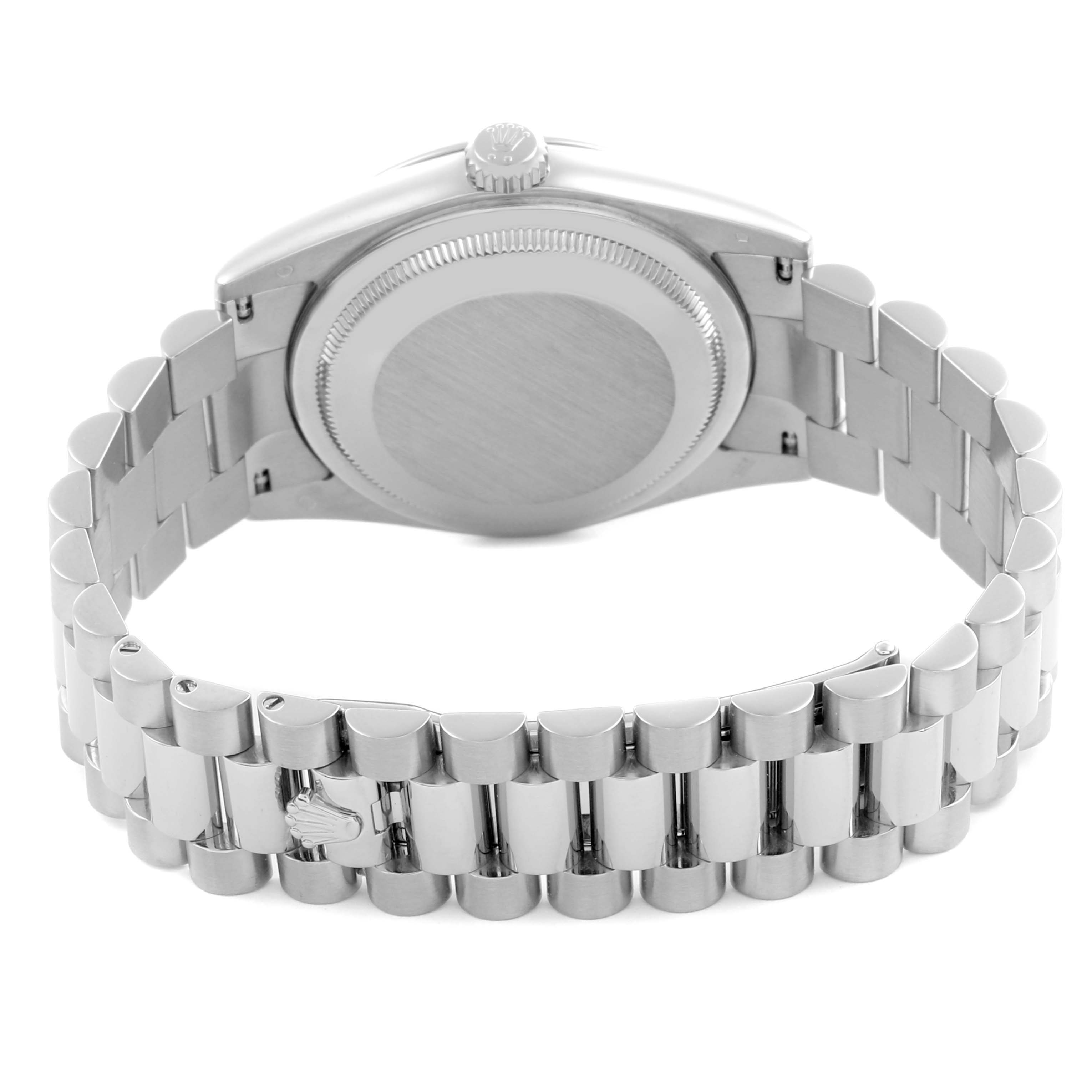 The image shows the back and bracelet of a Rolex President 118239A Men's White Gold Silver Dial 118239A Men's White Gold Silver Dial watch, focusing on the clasp and case back.