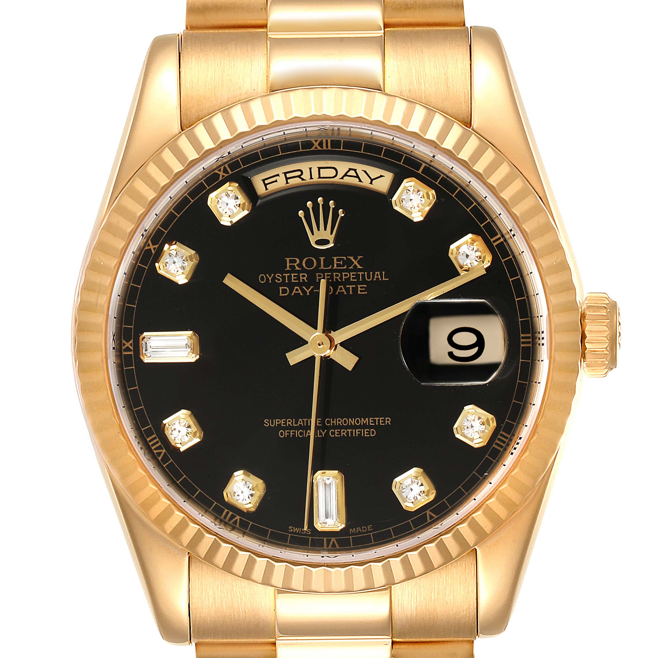 This image shows a front view of the Rolex President 118238 Men
s Yellow Gold Black Dial 118238 Men
s Yellow Gold Black Dial model, highlighting its black dial, day-date display, and gold case.