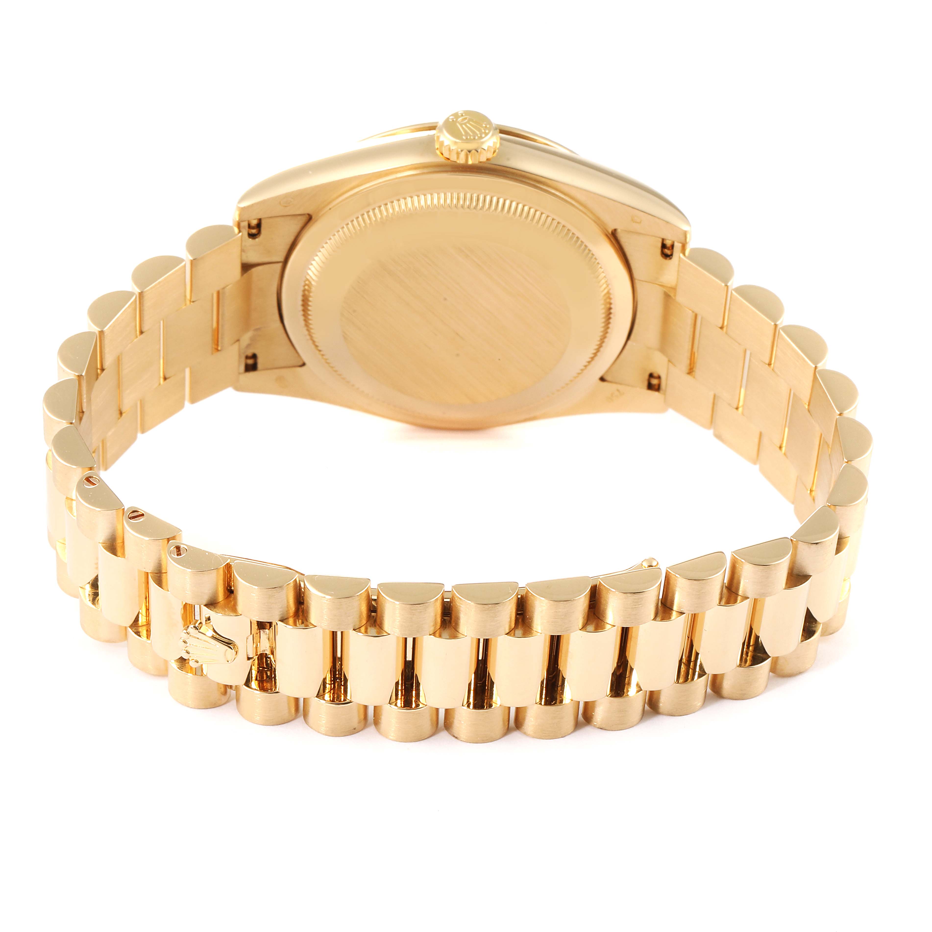 The image shows the back case and bracelet of a gold Rolex President 118238 Men
s Yellow Gold Black Dial 118238 Men
s Yellow Gold Black Dial model watch.