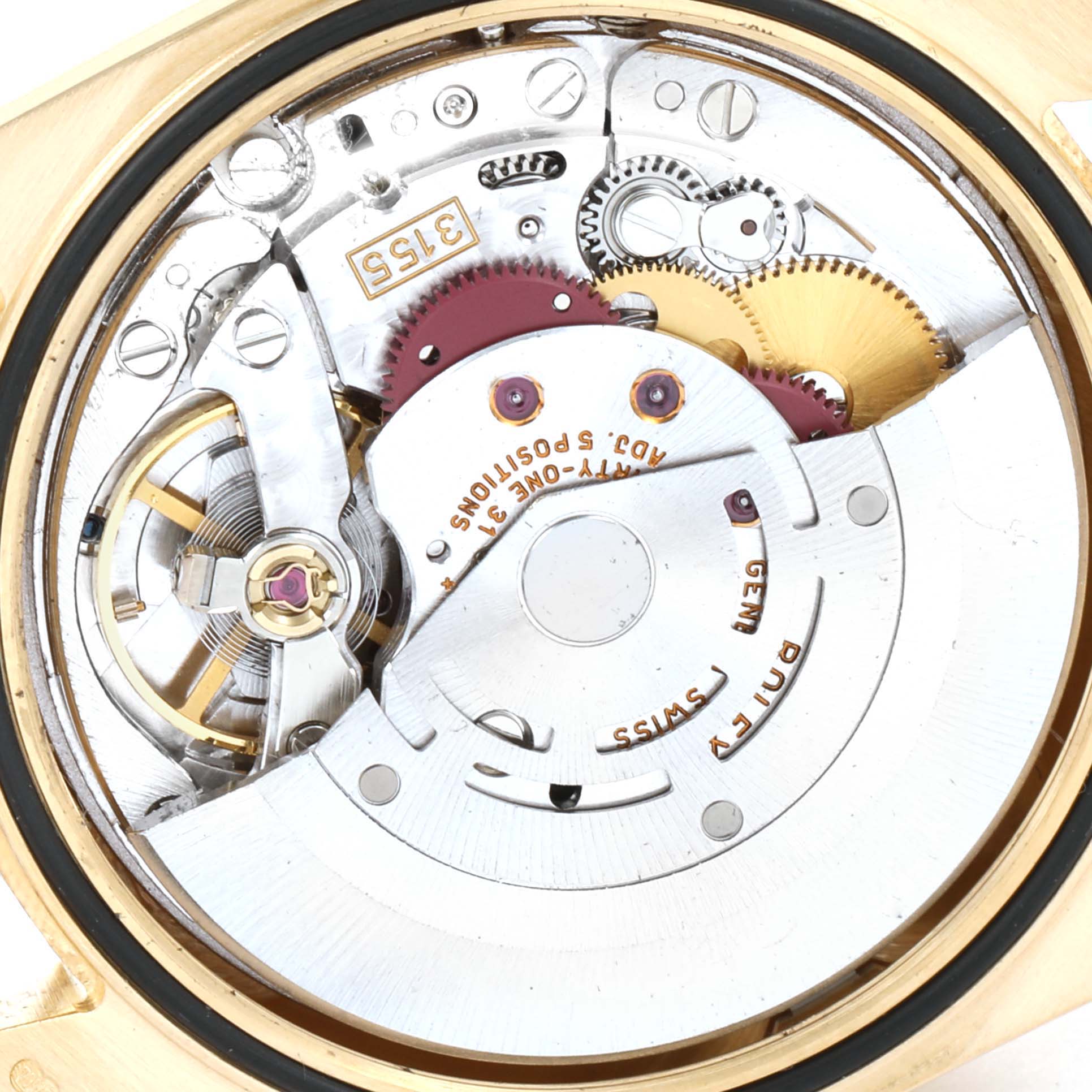 This image shows a close-up view of the internal mechanism of a Rolex President 118238 Men
s Yellow Gold Black Dial 118238 Men
s Yellow Gold Black Dial model watch.