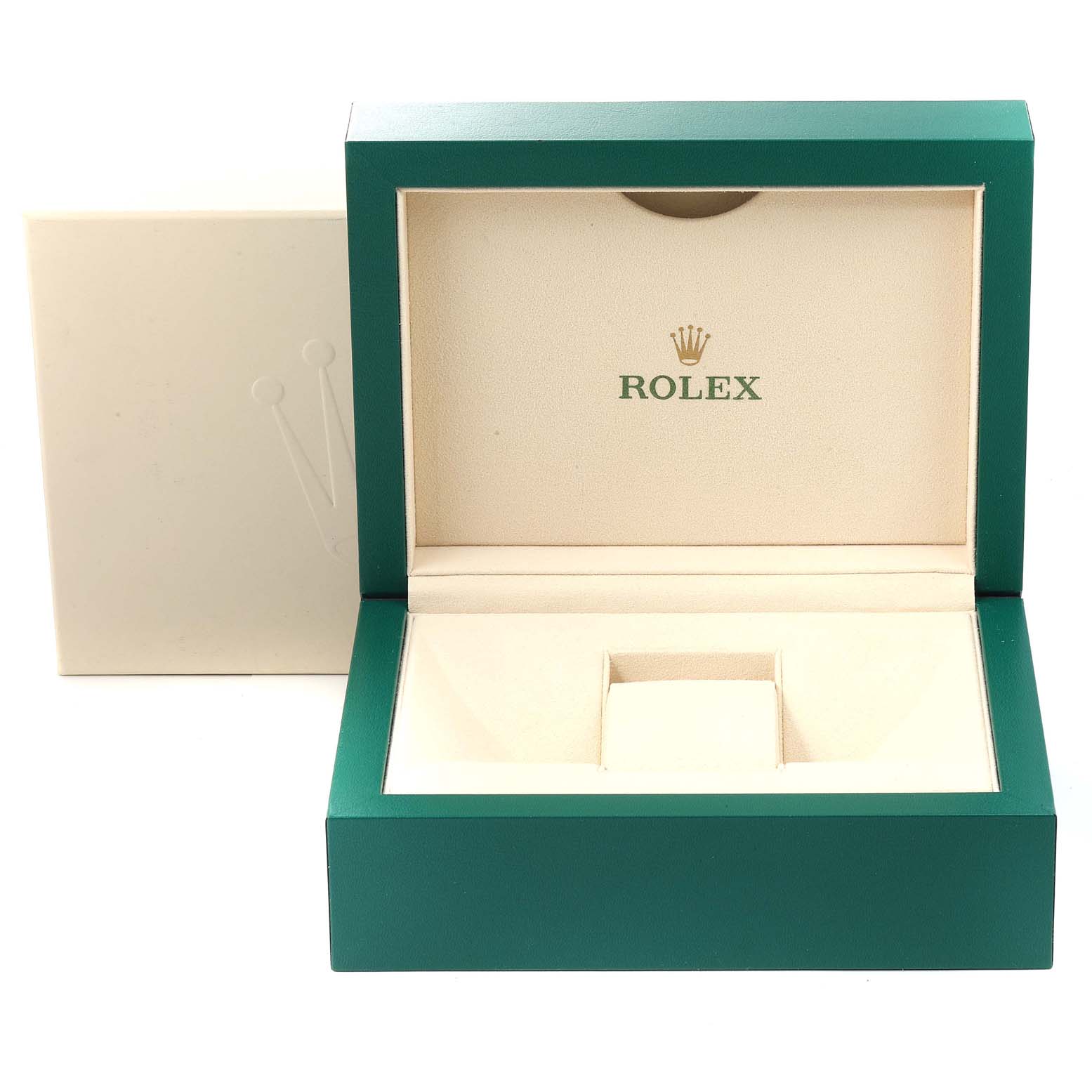 The image shows an open green and beige Rolex watch box for the President model at an angle revealing the interior.