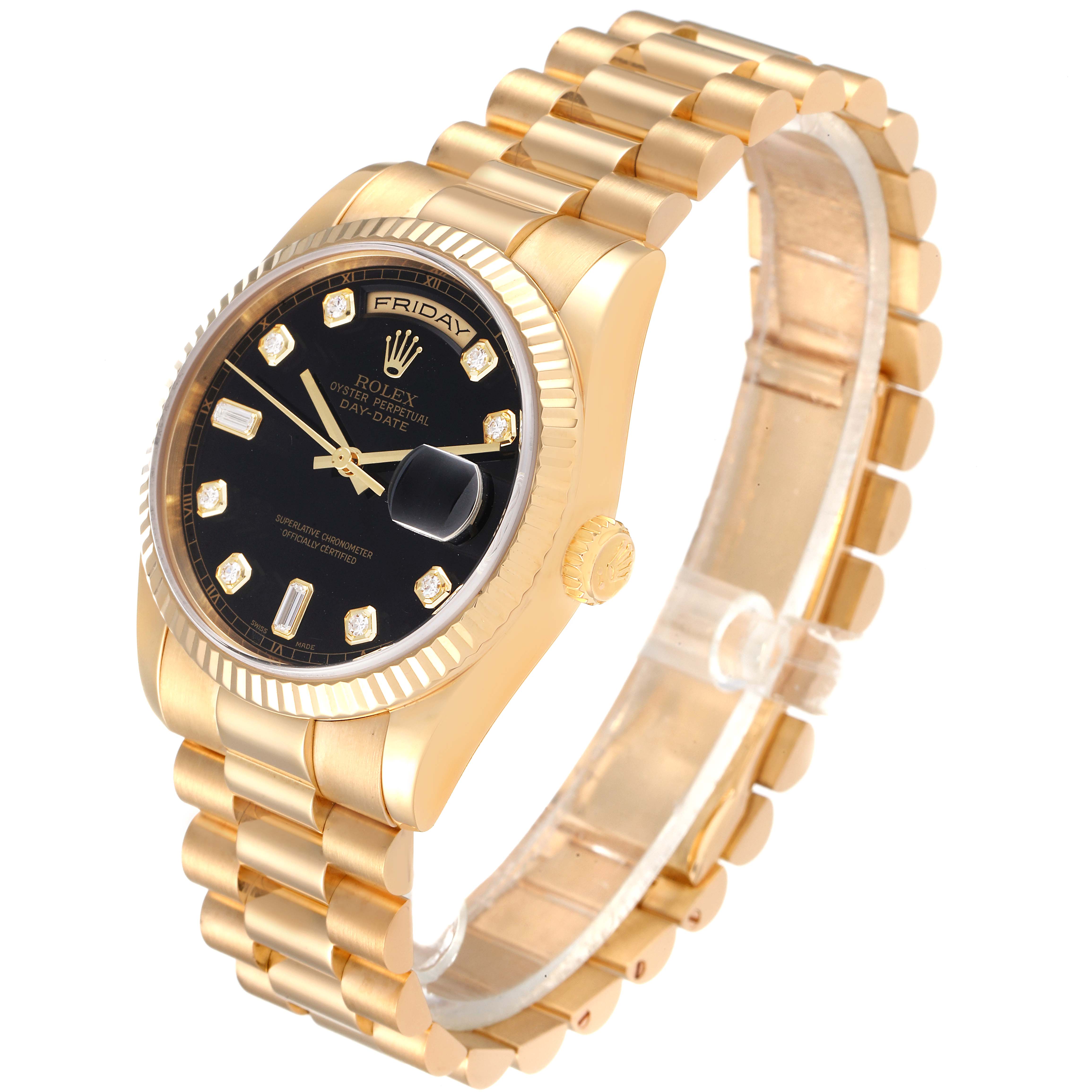 This President model Rolex watch is shown at an angle highlighting the dial, bezel, crown, and part of the bracelet.