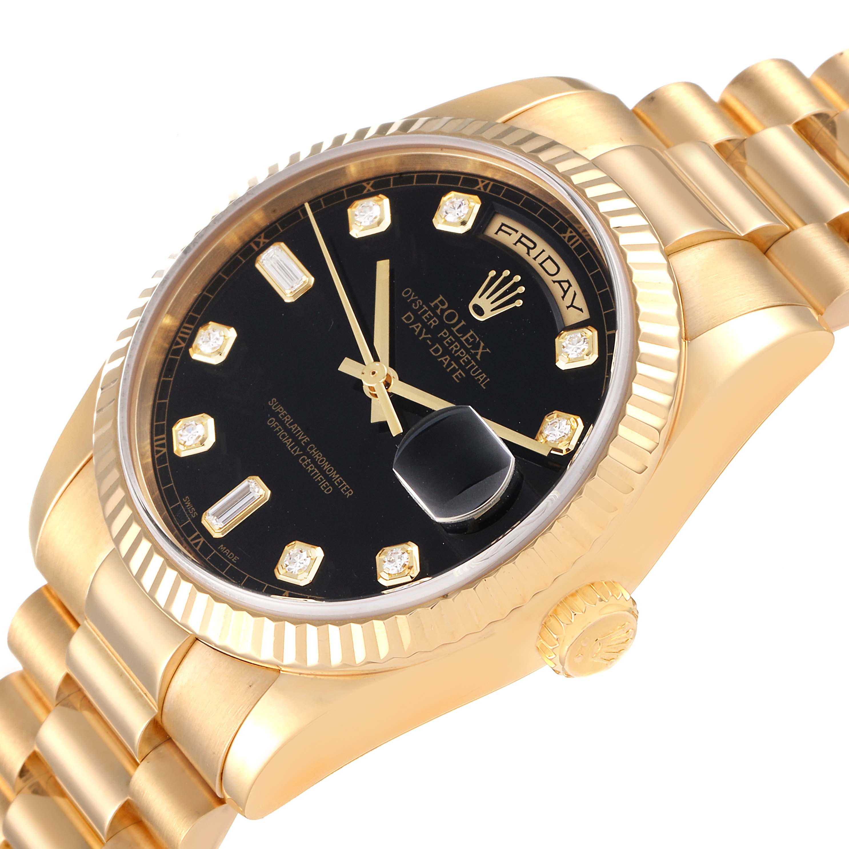 The Rolex President 118238 Men
s Yellow Gold Black Dial 118238 Men
s Yellow Gold Black Dial model watch is shown from a slightly tilted angle, highlighting the dial, bracelet, crown, and date magnifier.