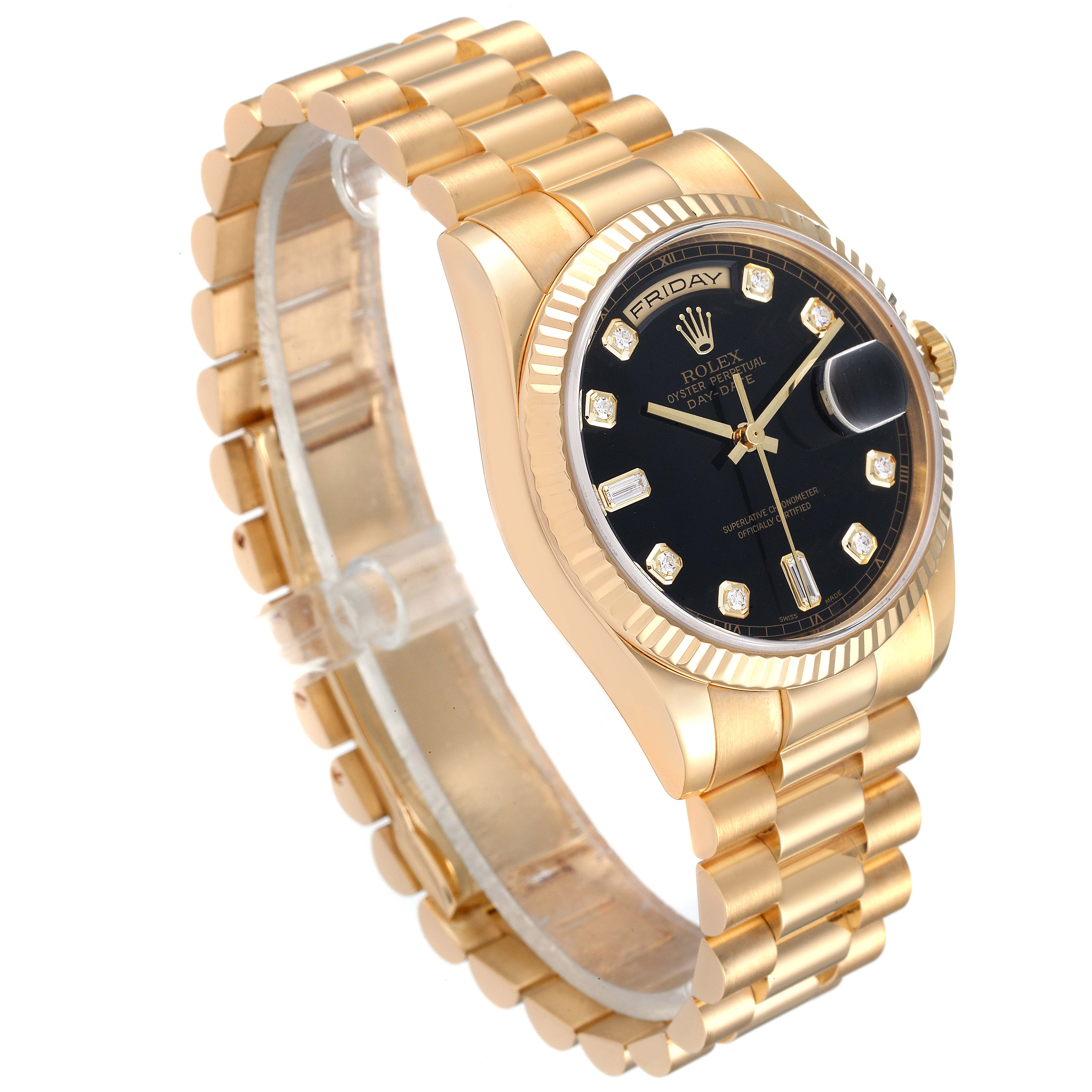 The Rolex President 118238 Men
s Yellow Gold Black Dial 118238 Men
s Yellow Gold Black Dial model watch is shown at a side angle, displaying its gold bracelet, black dial, and fluted bezel.