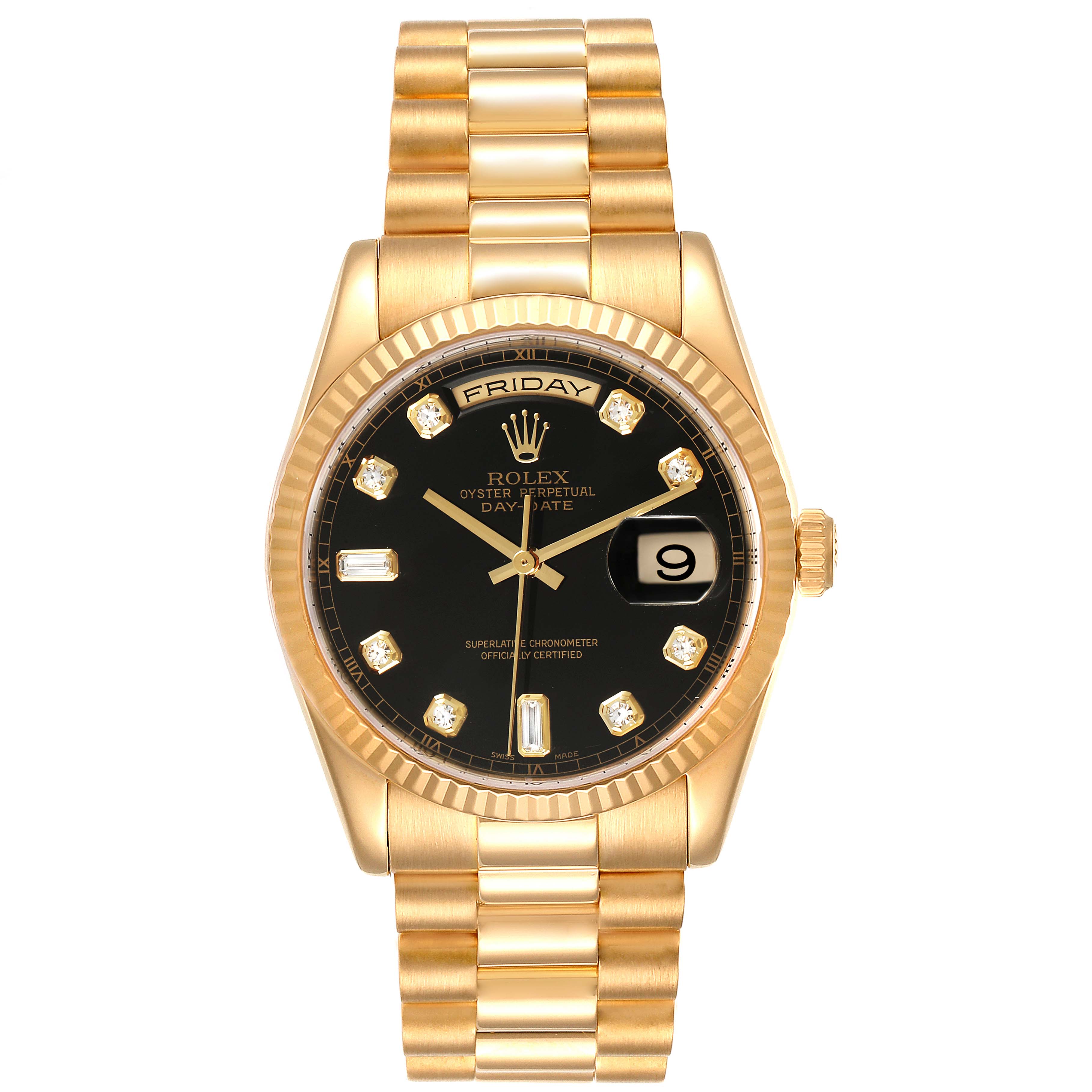 This is a front view of the Rolex President 118238 Men
s Yellow Gold Black Dial 118238 Men
s Yellow Gold Black Dial model watch showing the dial, bezel, hands, date and day indicators, and bracelet.