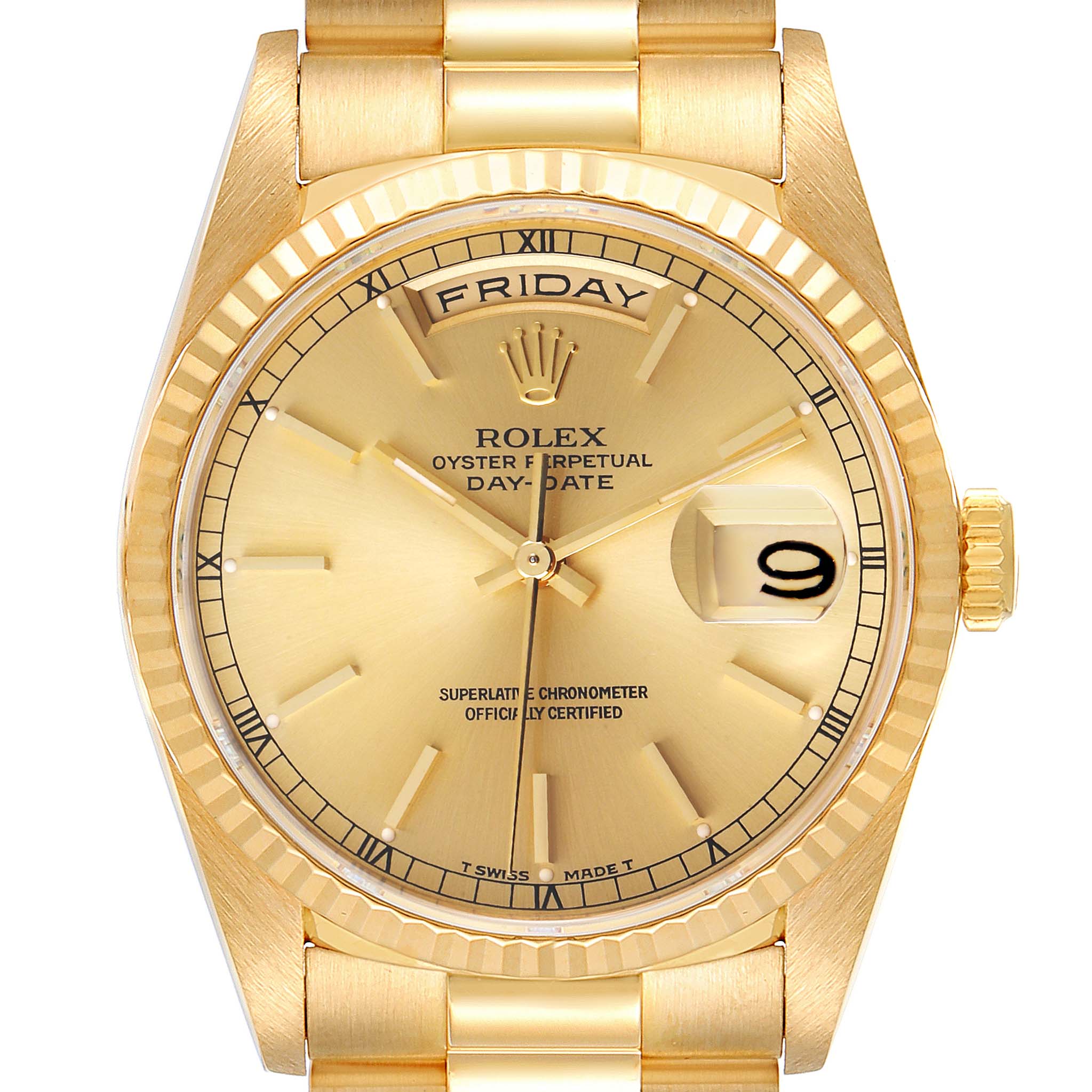 This image shows a frontal view of the Rolex President 18238 Men
s Yellow Gold Champagne Dial 18238 Men
s Yellow Gold Champagne Dial Day-Date watch, highlighting its dial, hands, date, and day displays.