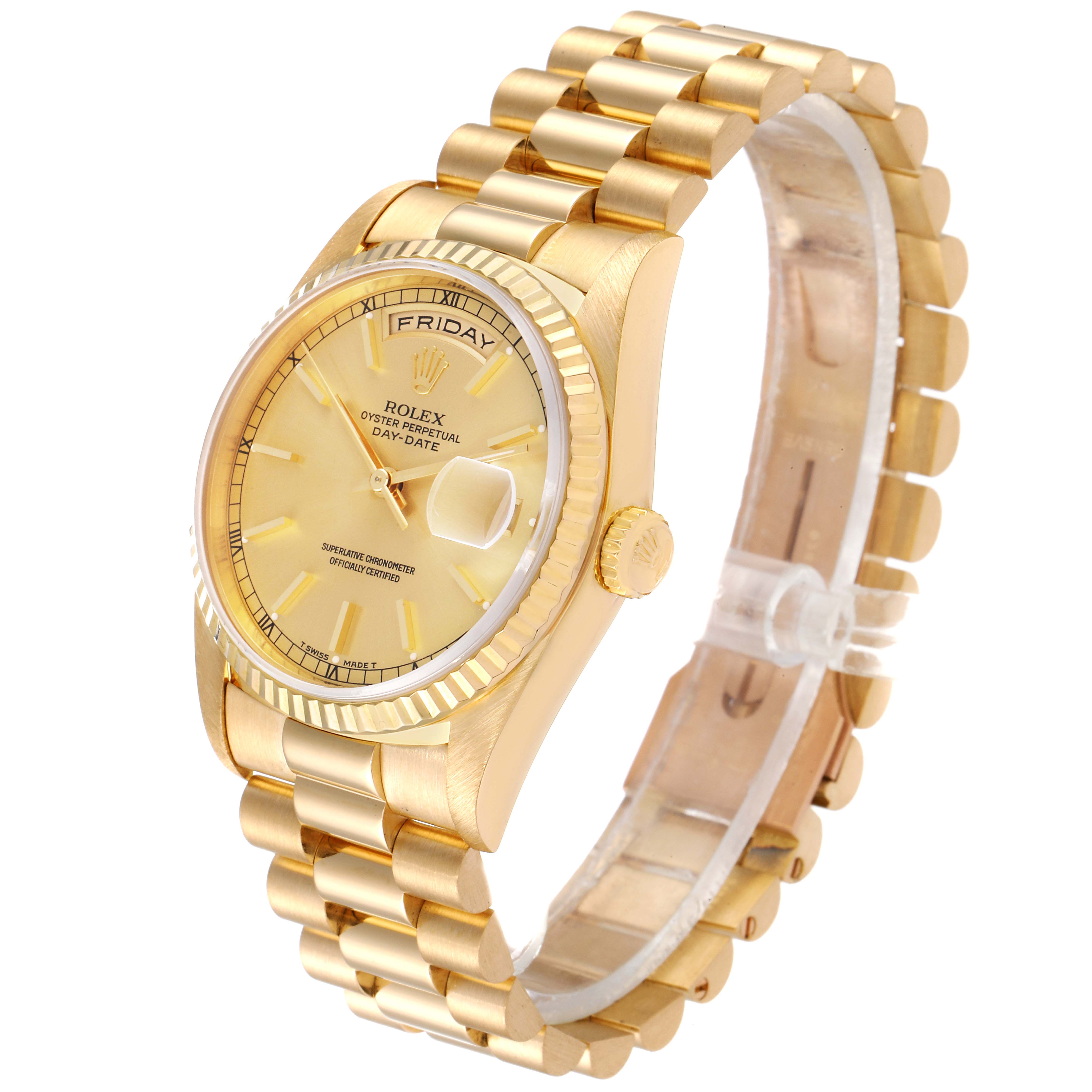 The image shows a side angle view of a Rolex President 18238 Men
s Yellow Gold Champagne Dial 18238 Men
s Yellow Gold Champagne Dial model watch with a gold bracelet and day-date function.