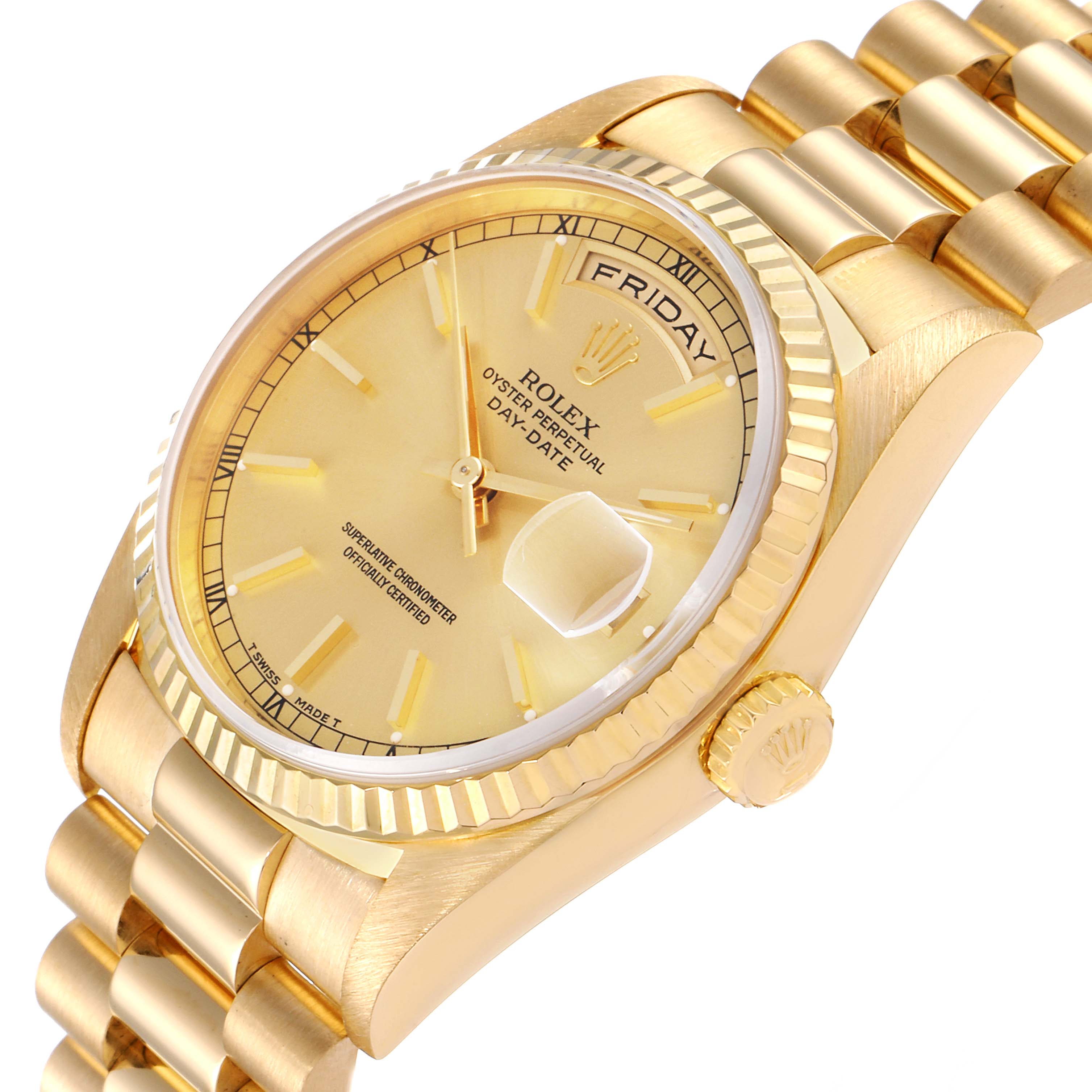 The image shows a Rolex President 18238 Men
s Yellow Gold Champagne Dial 18238 Men
s Yellow Gold Champagne Dial model watch from a slightly angled top view, revealing the face, bezel, crown, and part of the bracelet.