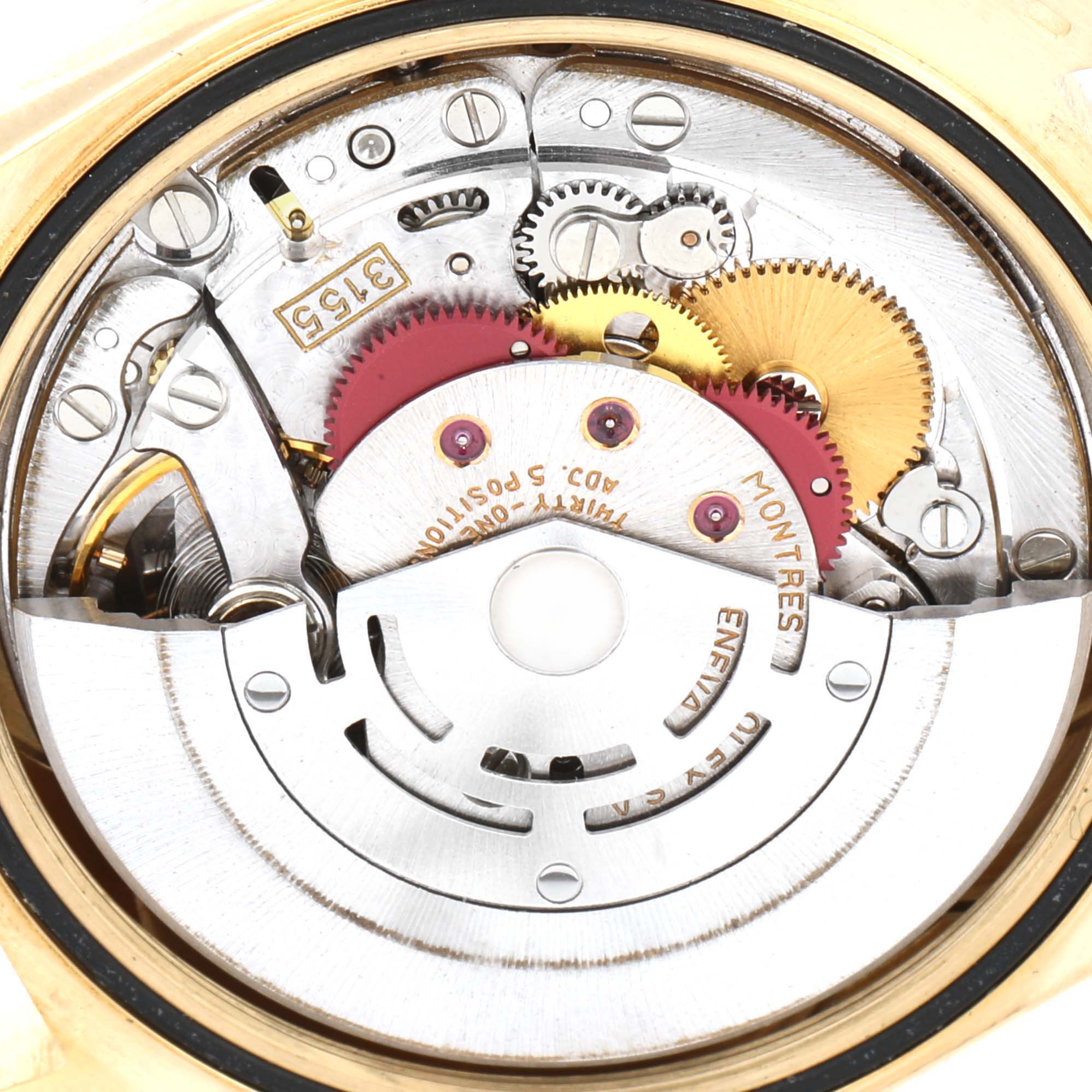 The image shows the internal mechanical movement of a Rolex President 18238 Men
s Yellow Gold Champagne Dial 18238 Men
s Yellow Gold Champagne Dial model watch, viewed from the back.