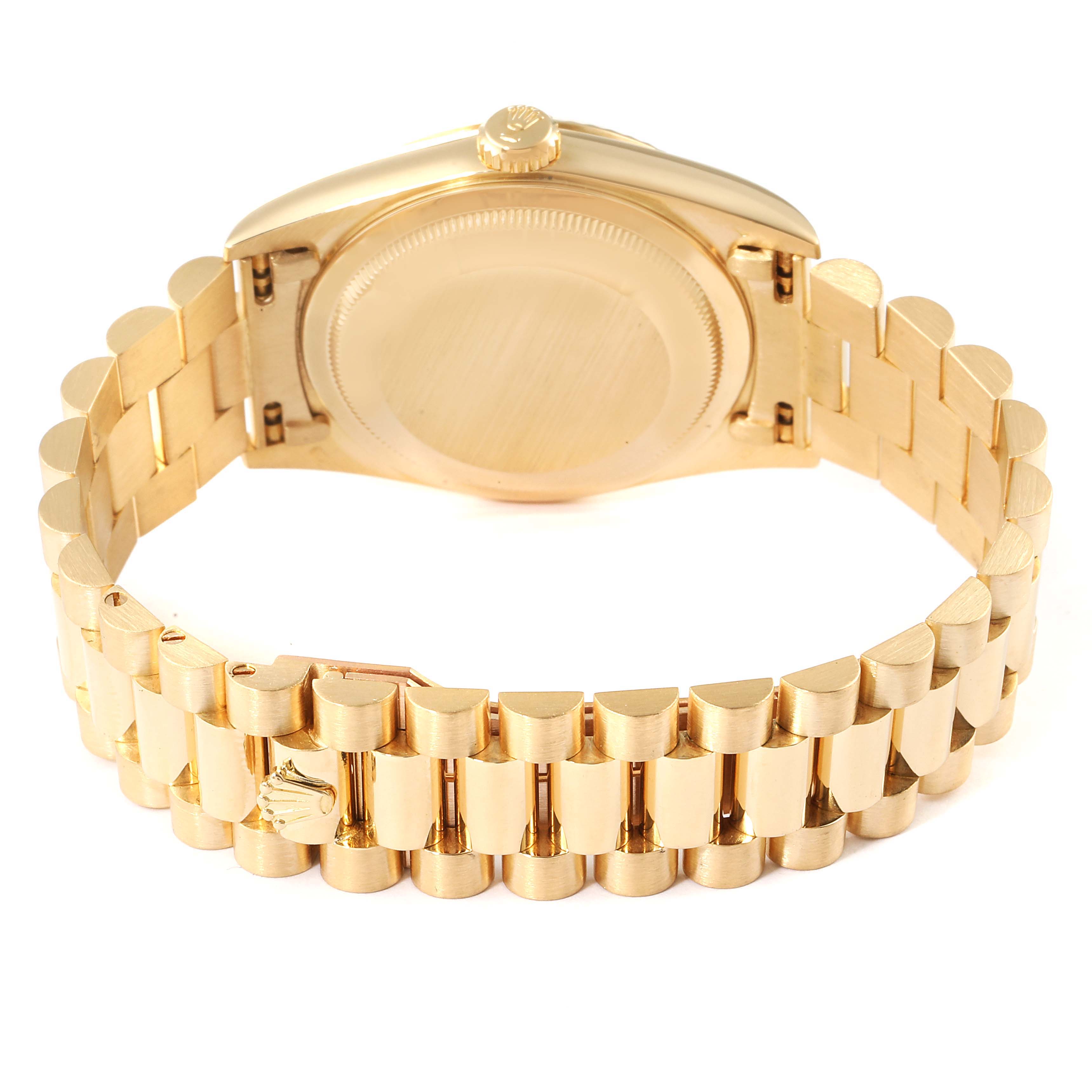 This image shows the back view of a gold Rolex President 18238 Men
s Yellow Gold Champagne Dial 18238 Men
s Yellow Gold Champagne Dial model watch, highlighting its bracelet and caseback.